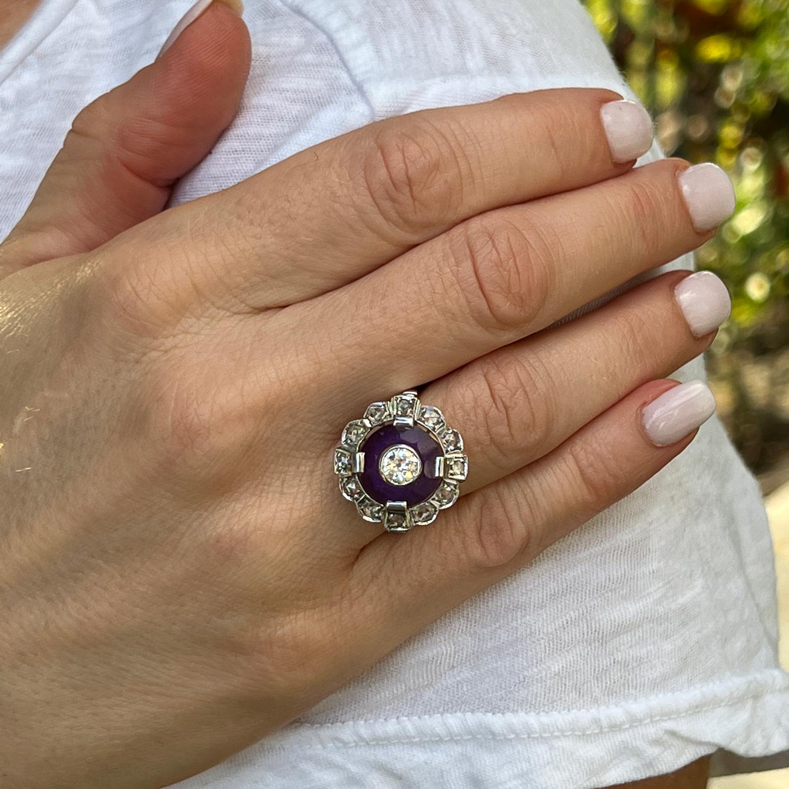 Art Deco Old European Cut Diamond Amethyst Platinum Yellow Gold Estate Ring  In Excellent Condition For Sale In Boca Raton, FL