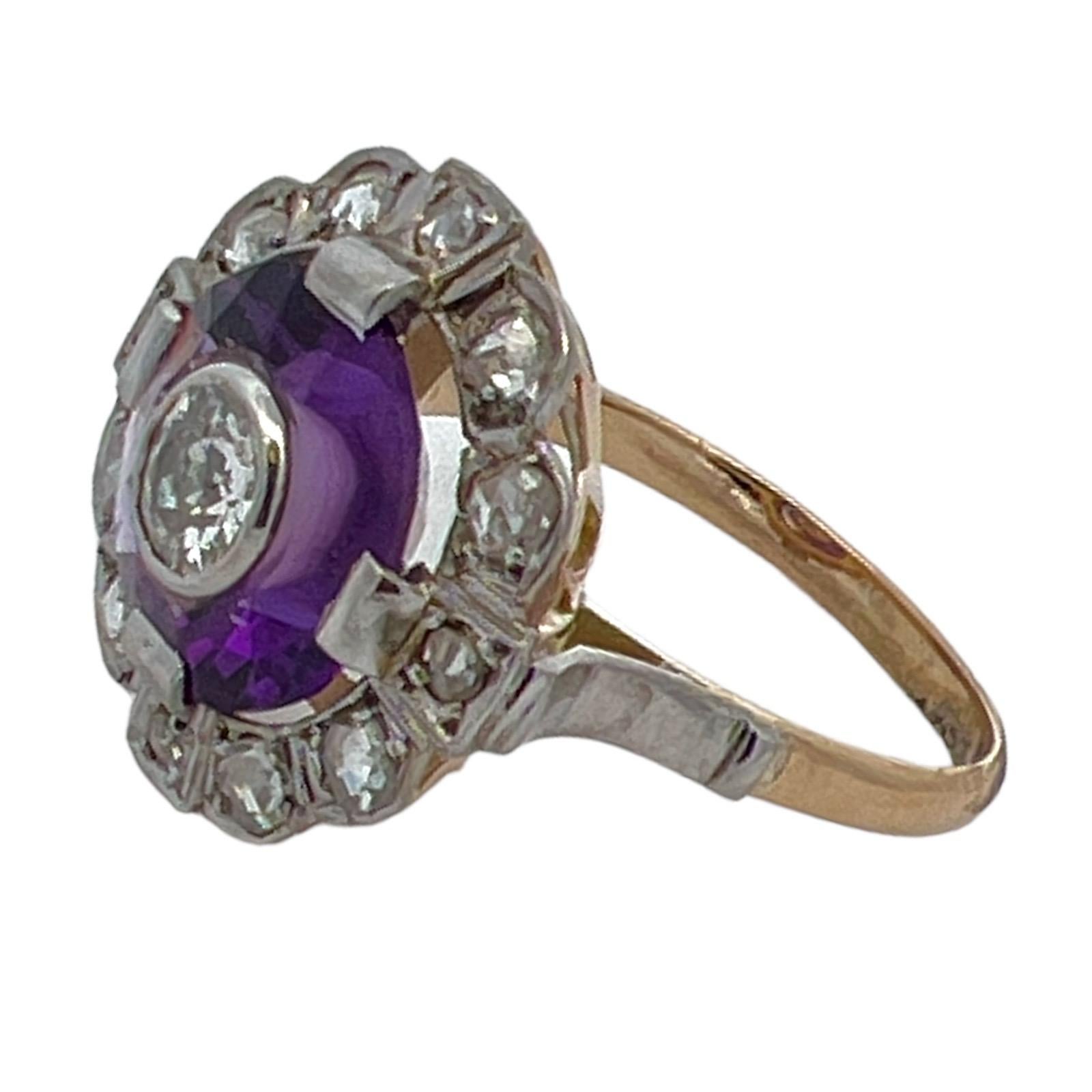 Women's Art Deco Old European Cut Diamond Amethyst Platinum Yellow Gold Estate Ring