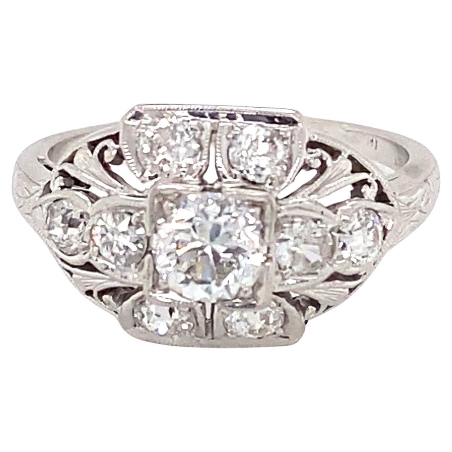Art Deco Old European Cut Diamond and 18 Karat White Gold Domed Ring For Sale