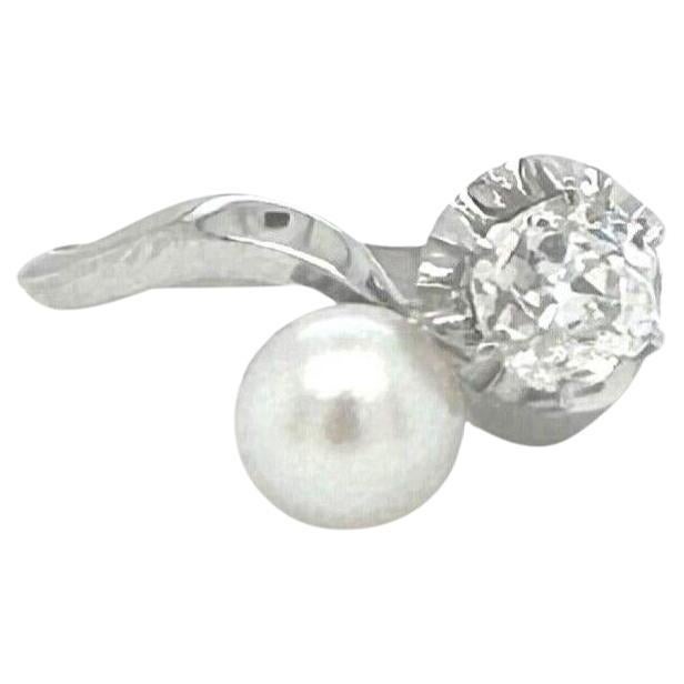 Art Deco Old European Cut Diamond and Pearl White Gold Platinum Ring, Sizable