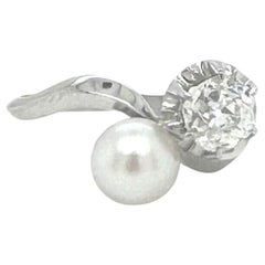 Art Deco Old European Cut Diamond and Pearl White Gold Platinum Ring, Sizable