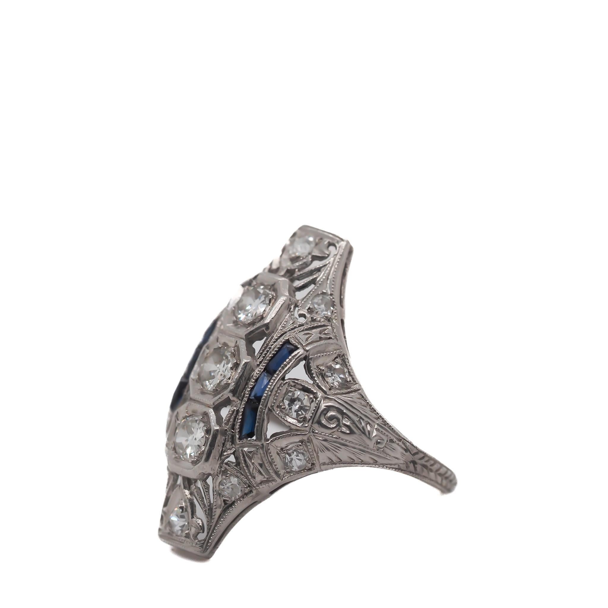 Antique Art Deco Old European Cut Diamond and Sapphire Engagement Ring w/ .85cttw - Amazing Hand Carving Work VEG #30A

Ring Details
Metal Type: Platinum
Size: 6
Weight: 3.5grams

Diamond Details:
Detail: Old European Brilliant
Diamond Carat: