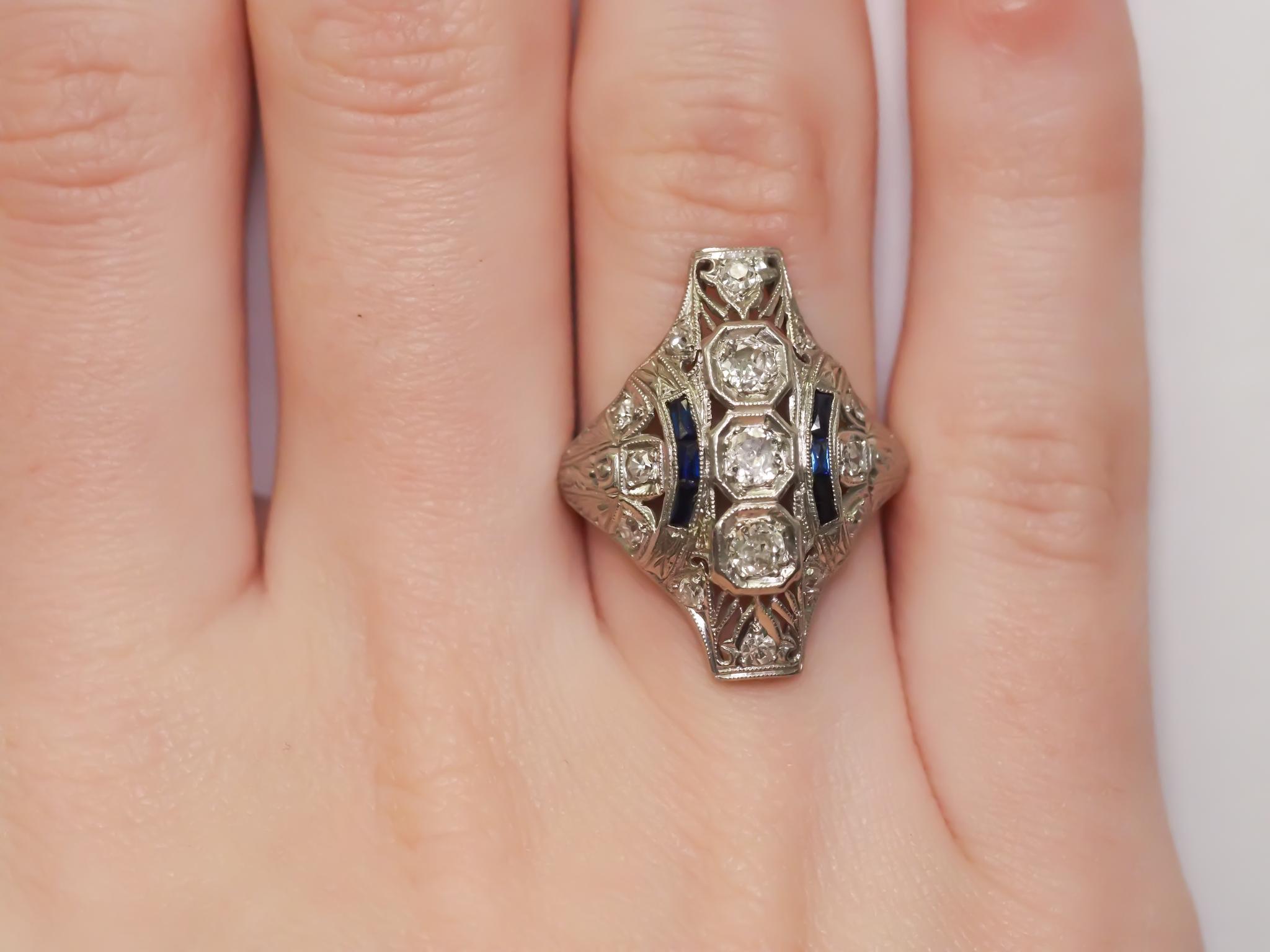 Art Deco Old European Cut Diamond and Sapphire Engagement Ring .85cttw For Sale 5