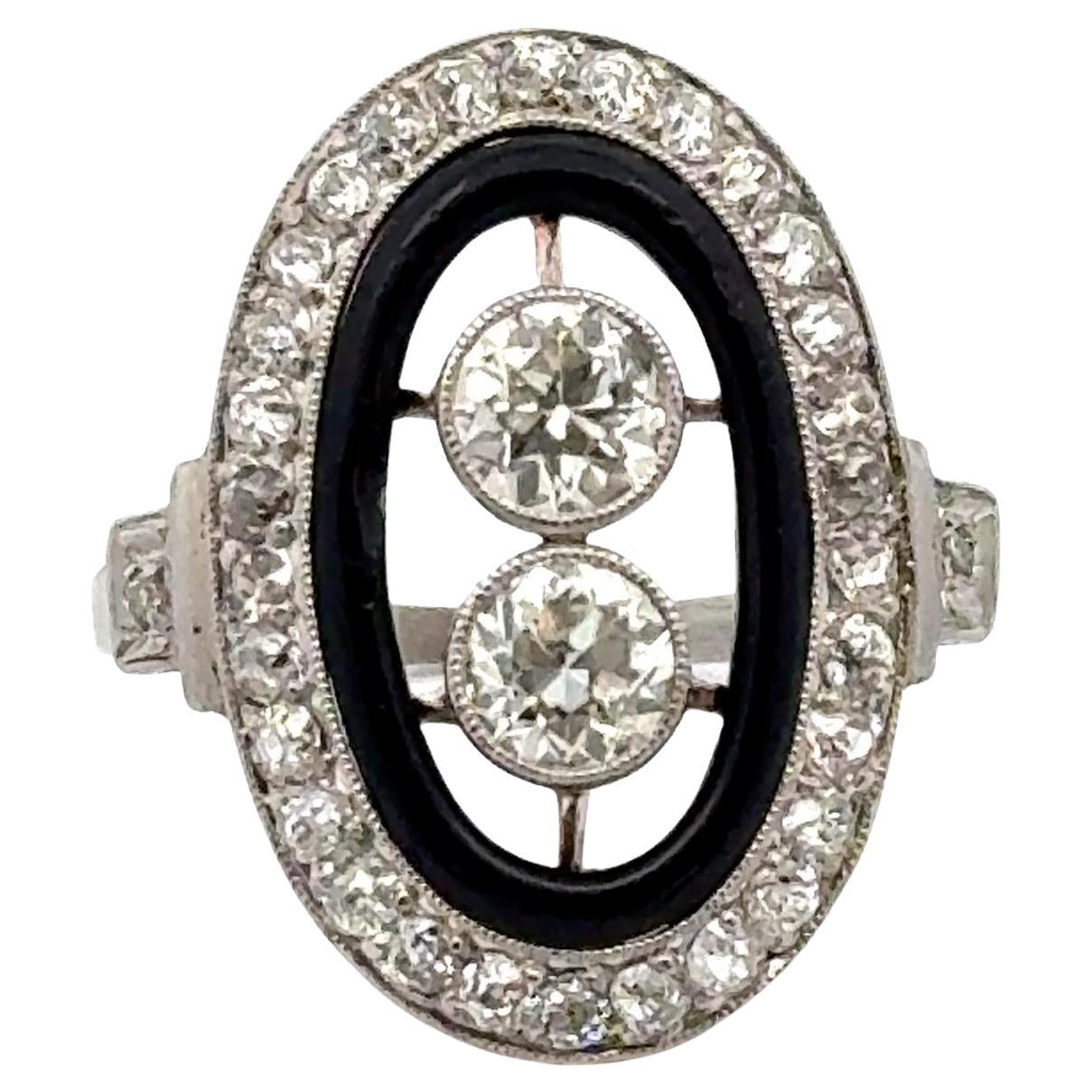 Anello da cocktail in platino con diamante vecchio taglio europeo e smalto nero Art Deco