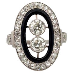 Antique Art Deco Old European-Cut Diamond Black Enamel Platinum Cocktail Ring
