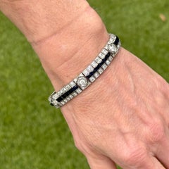 Art Line Art Deco Old European Cut Diamond Blue Sapphire Platinum Line Bracelet