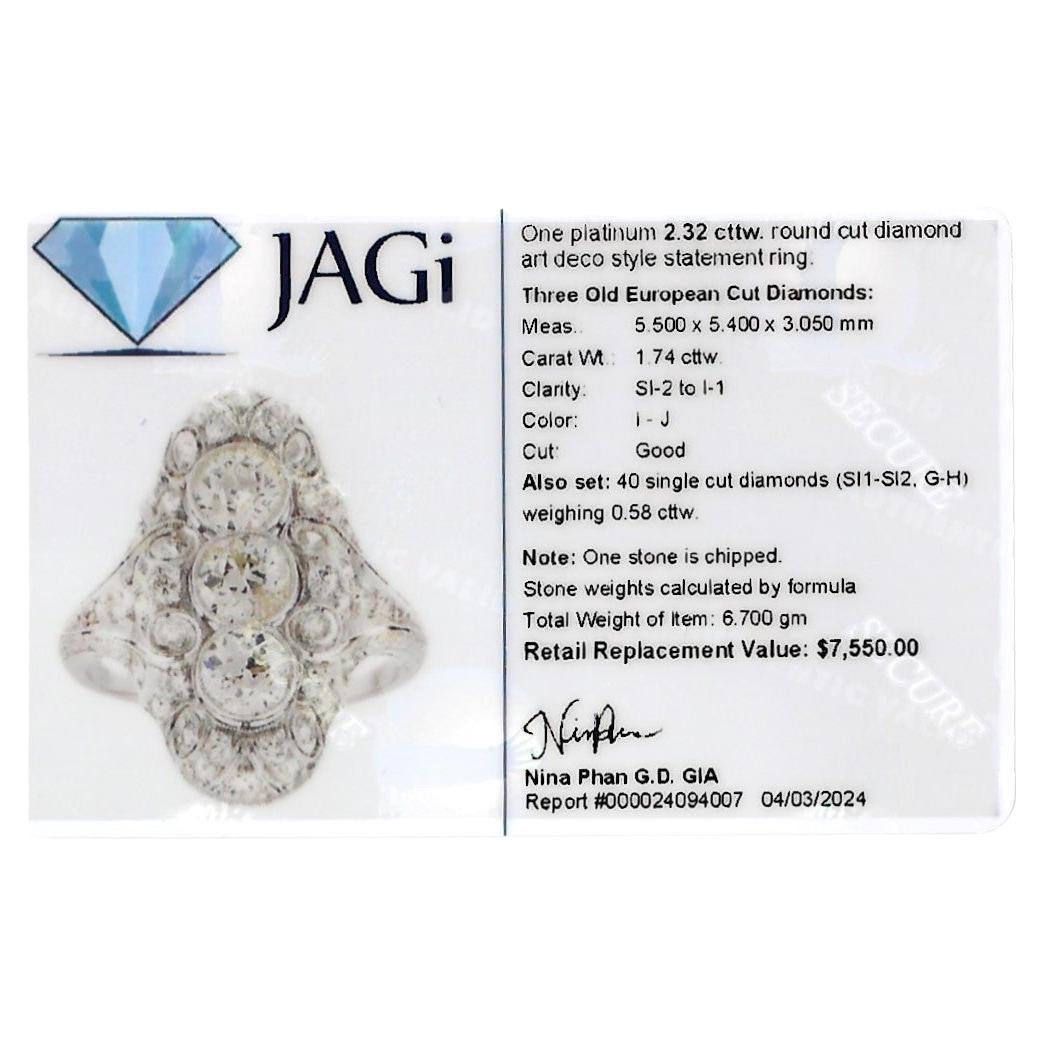 Art Deco Old European Cut Diamond Cocktail Ring with Milgrain Design in Platinum For Sale 6