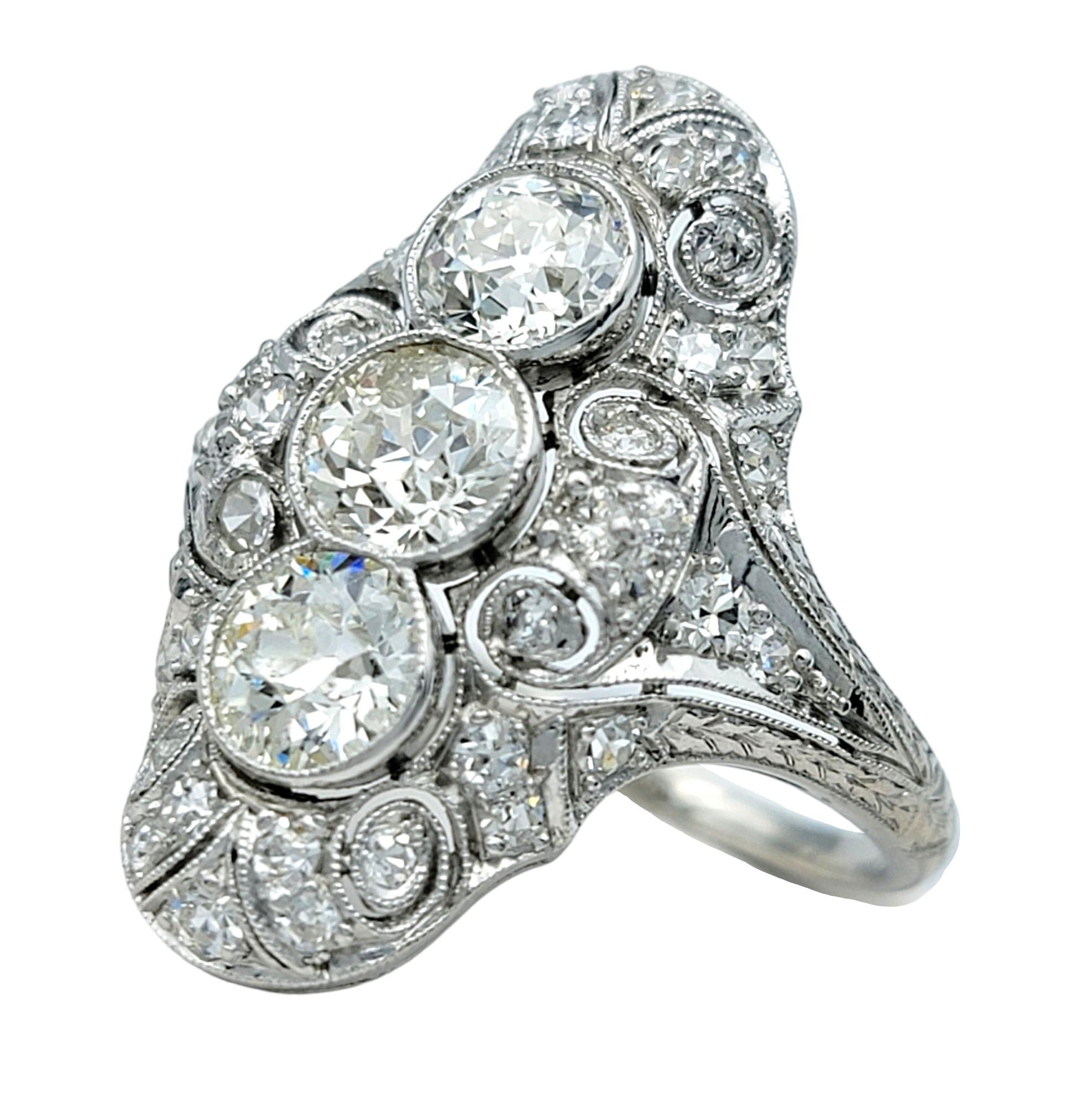 Art Deco Old European Cut Diamond Cocktail Ring with Milgrain Design in Platinum In Good Condition For Sale In Scottsdale, AZ