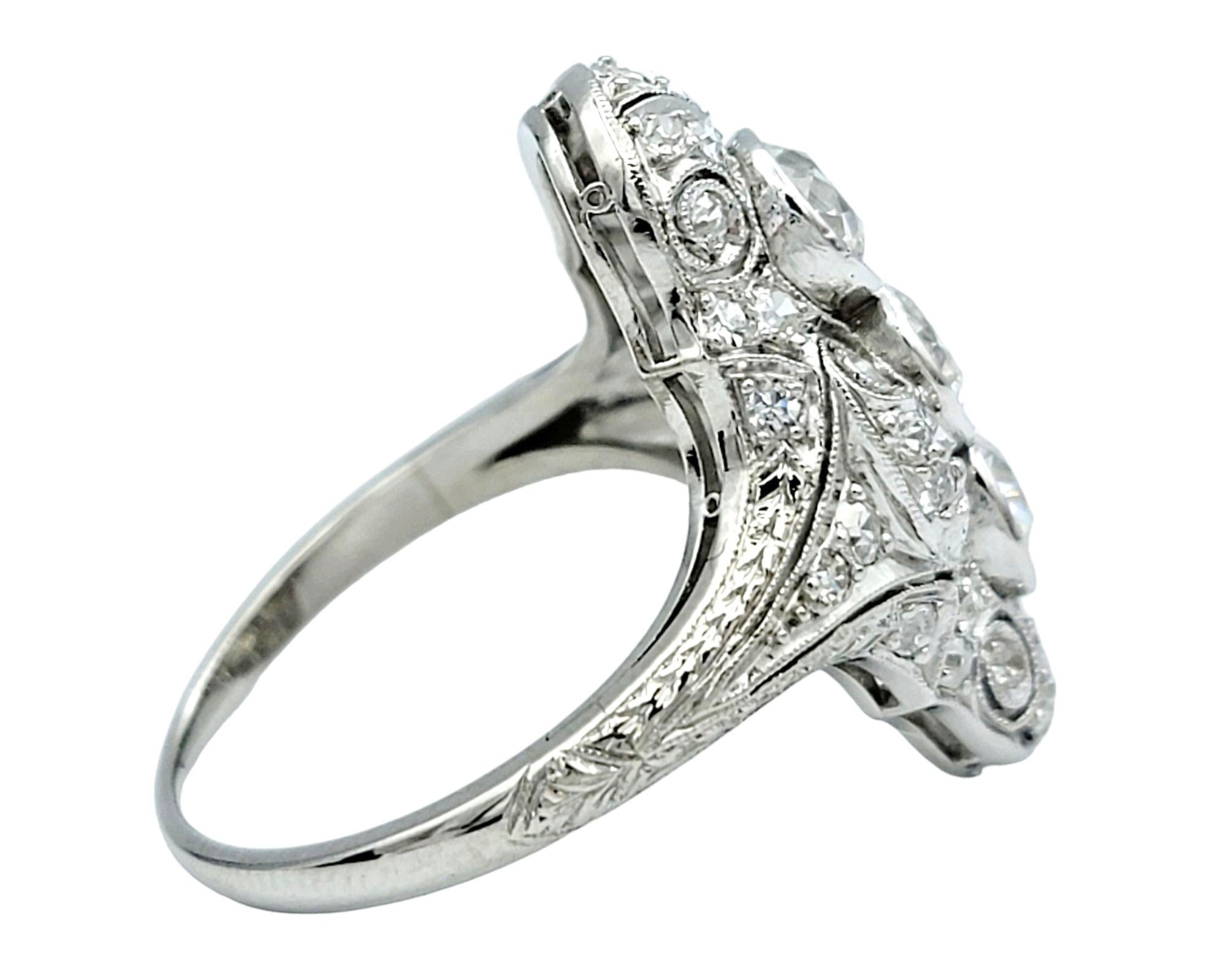 Women's Art Deco Old European Cut Diamond Cocktail Ring with Milgrain Design in Platinum For Sale