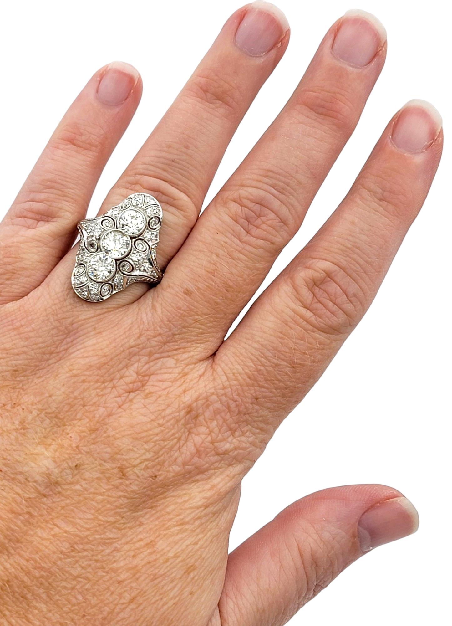 Art Deco Old European Cut Diamond Cocktail Ring with Milgrain Design in Platinum For Sale 2