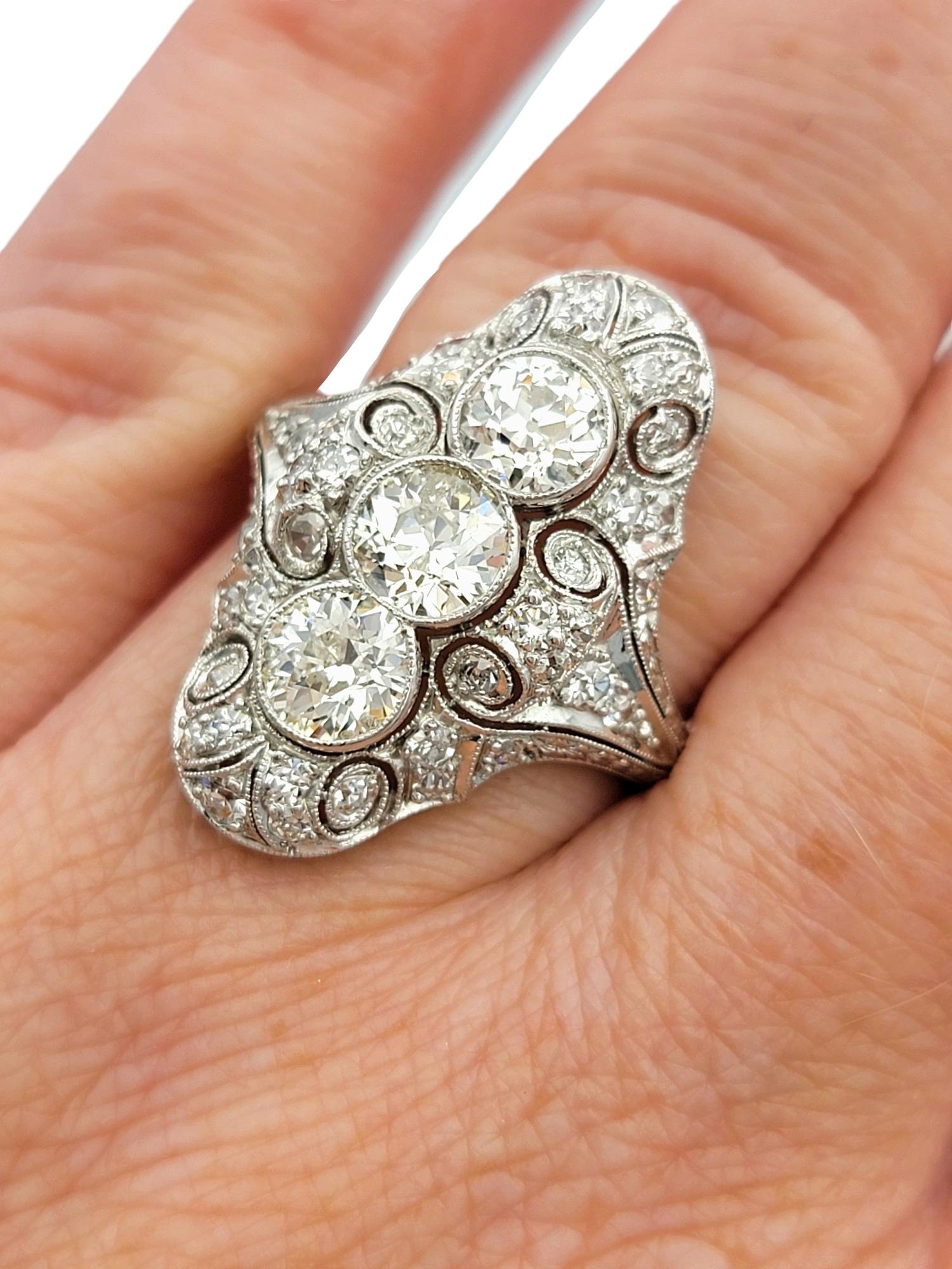 Art Deco Old European Cut Diamond Cocktail Ring with Milgrain Design in Platinum For Sale 3