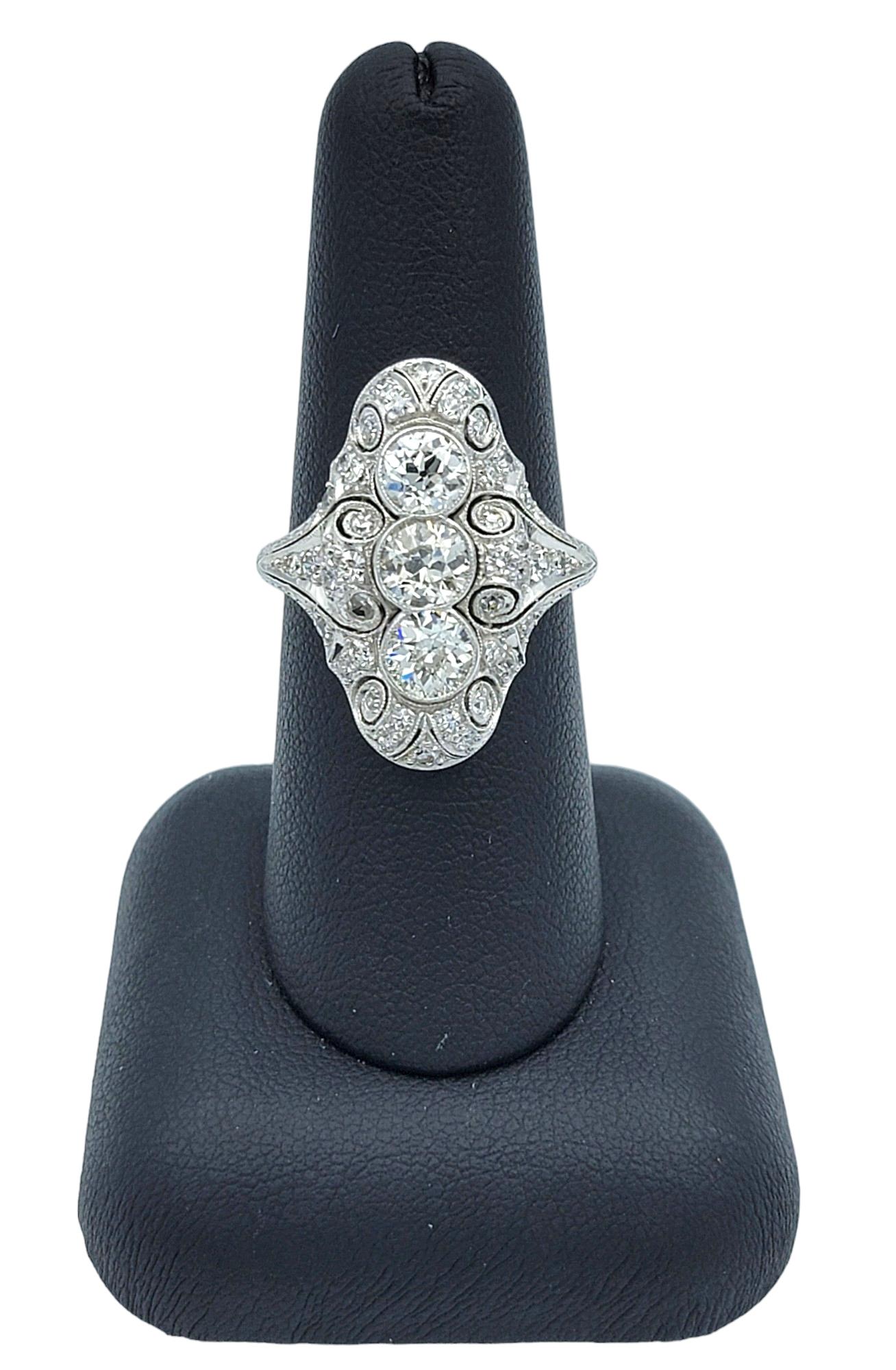Art Deco Old European Cut Diamond Cocktail Ring with Milgrain Design in Platinum For Sale 4