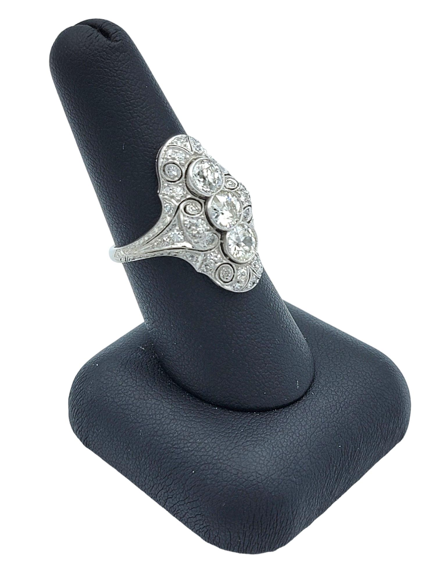 Art Deco Old European Cut Diamond Cocktail Ring with Milgrain Design in Platinum For Sale 5