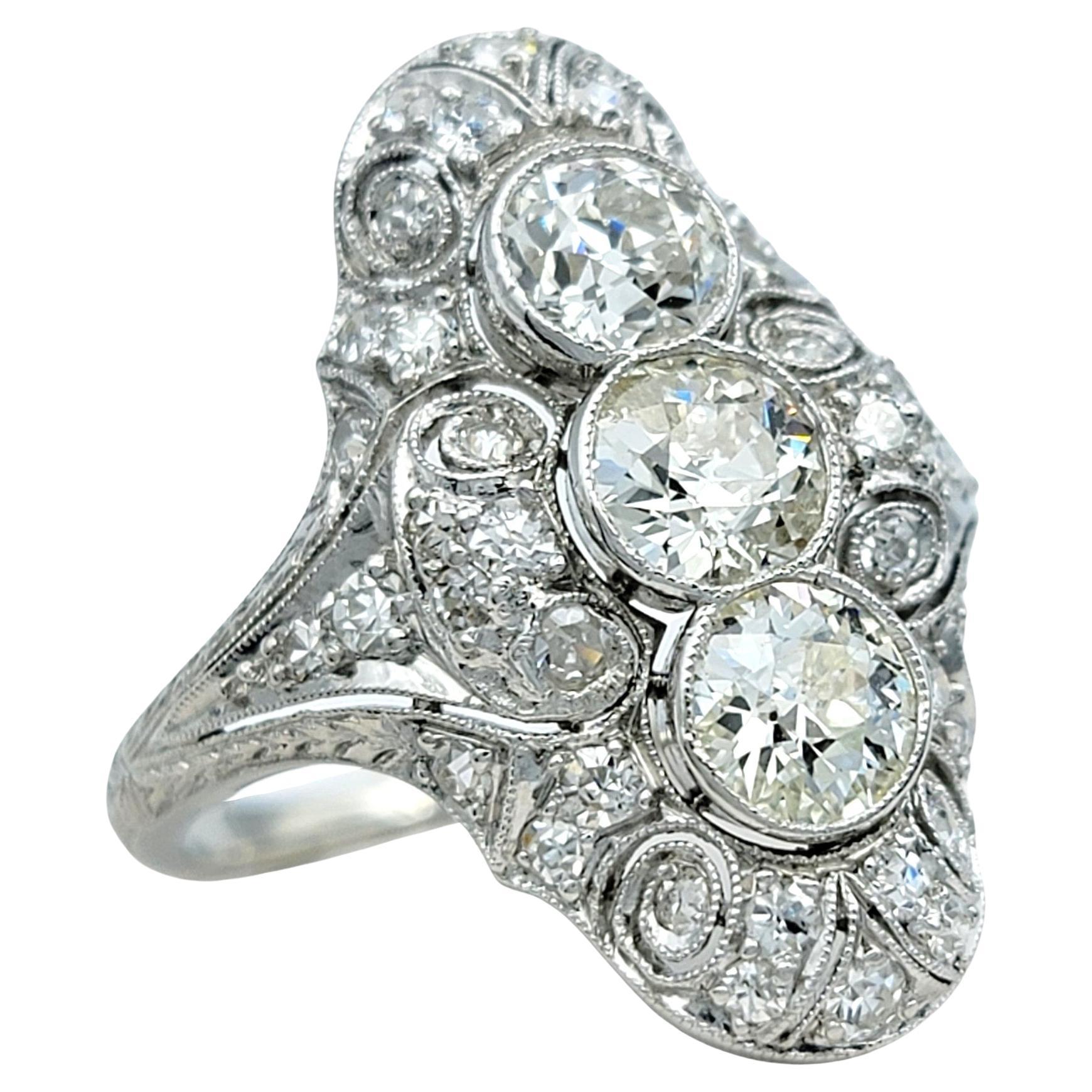 Art Deco Old European Cut Diamond Cocktail Ring with Milgrain Design in Platinum For Sale