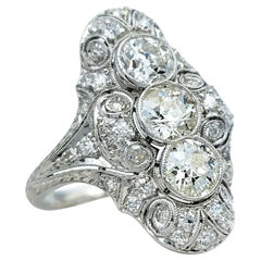 Antique Art Deco Old European Cut Diamond Cocktail Ring with Milgrain Design in Platinum