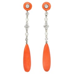 Art Deco Old European Cut Diamond Coral Pearl Platinum Antique Drop Earrings