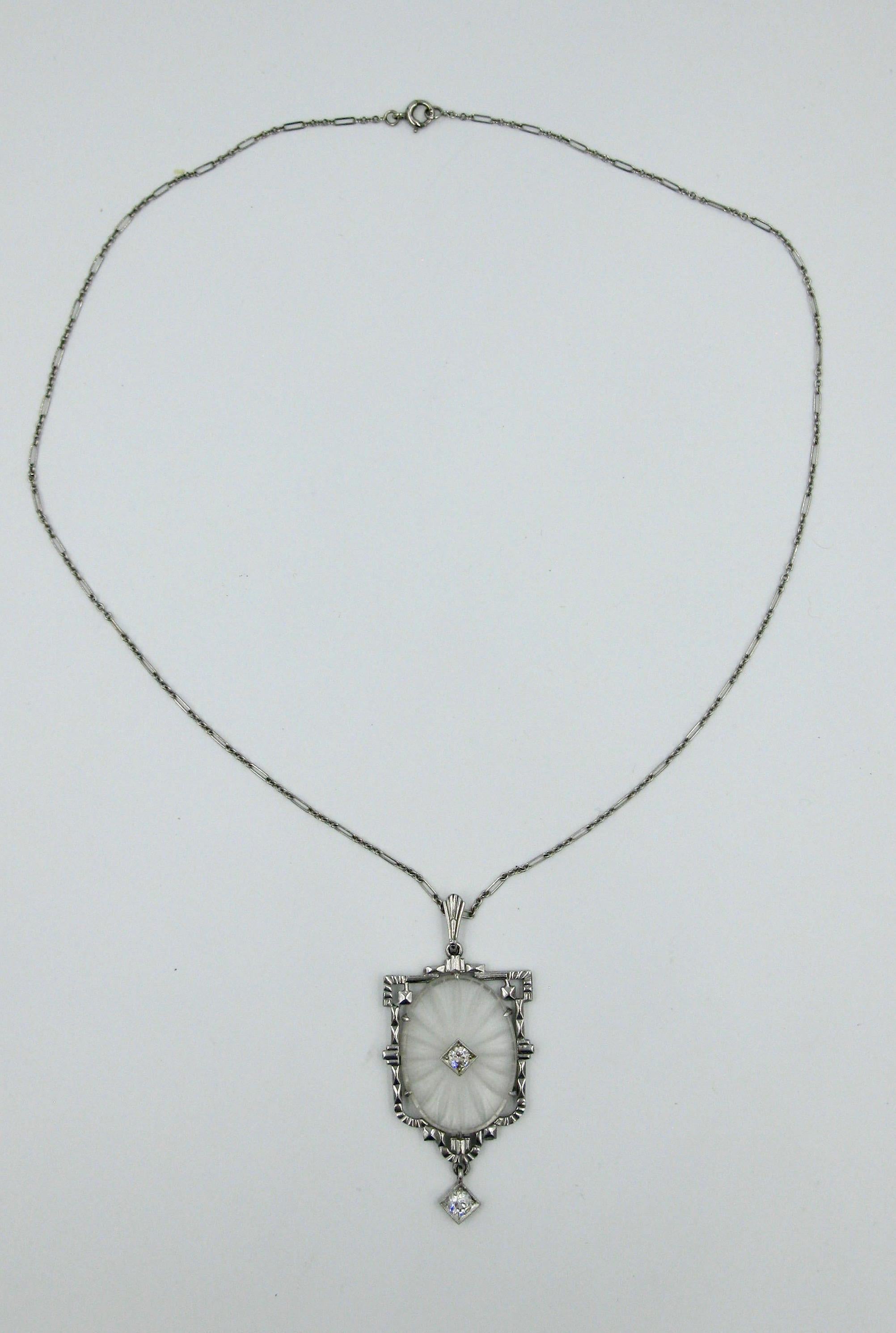 Art Deco Old European Cut Diamond Crystal Pendant Necklace 14 Karat White Gold For Sale 1