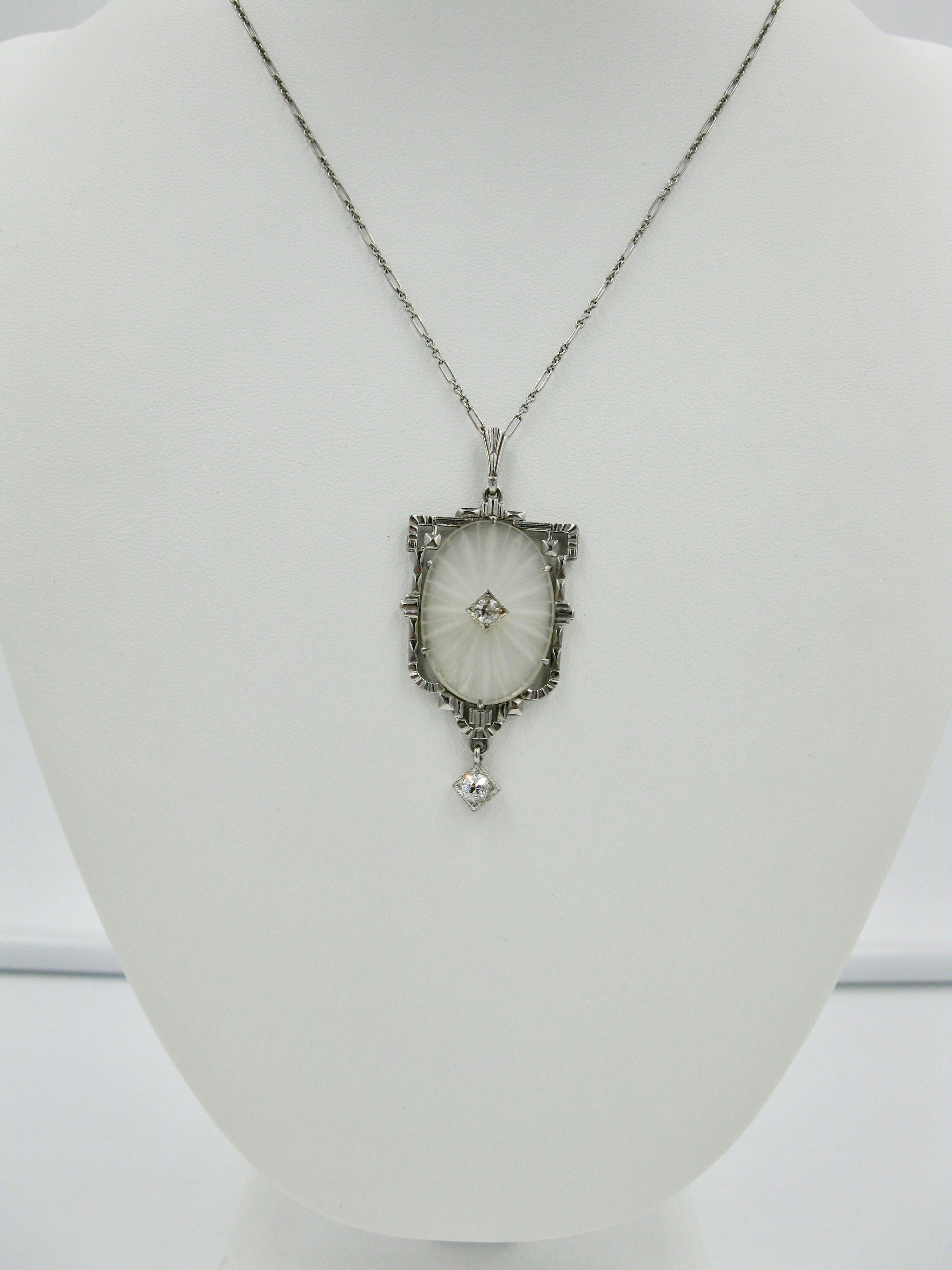Art Deco Old European Cut Diamond Crystal Pendant Necklace 14 Karat White Gold For Sale 2