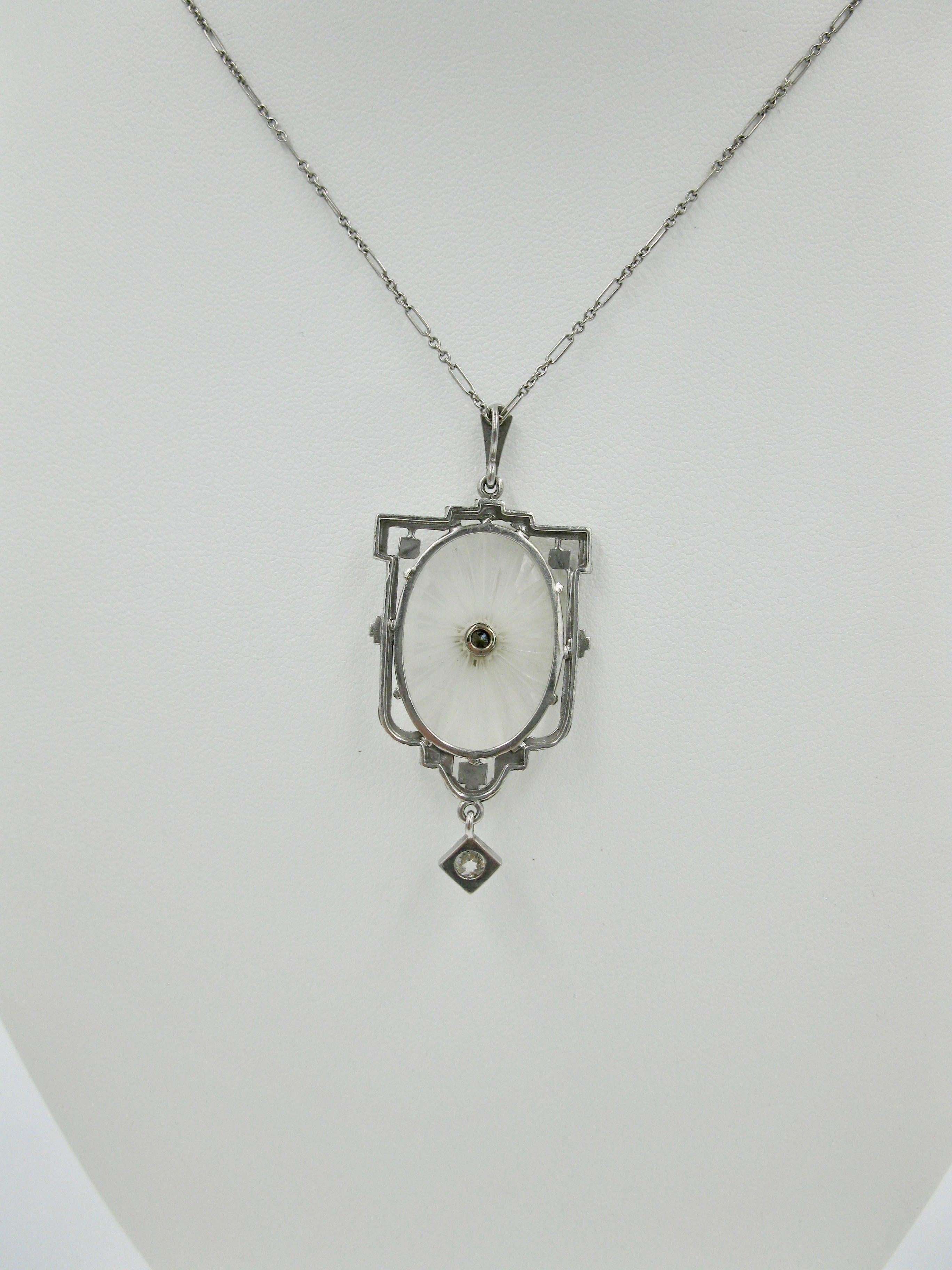 Art Deco Old European Cut Diamond Crystal Pendant Necklace 14 Karat White Gold For Sale 3