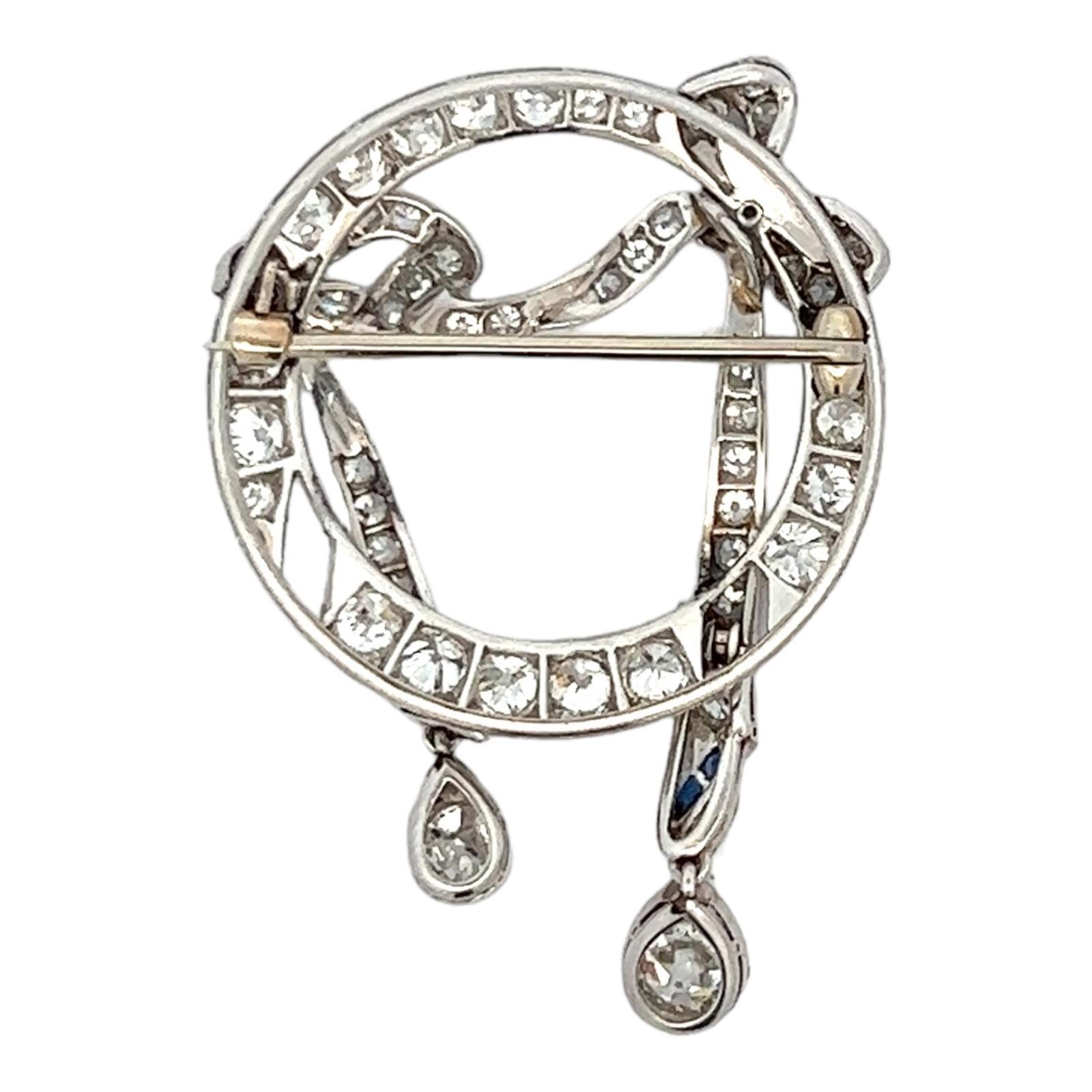 Art Deco Old European Cut Diamond Dangle Platinum Bow Design Antique Brooch  For Sale 1