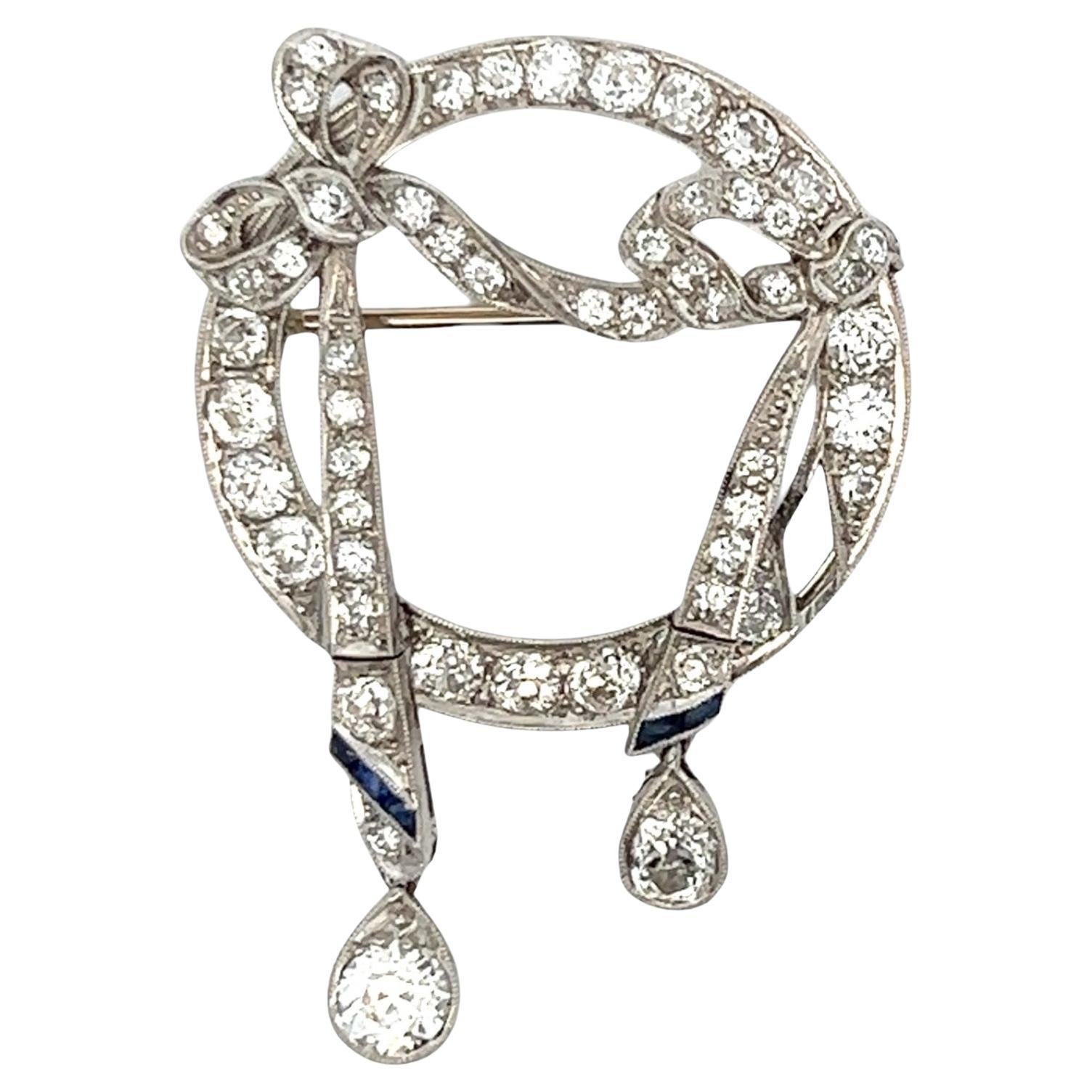 Art Deco Old European Cut Diamond Dangle Platinum Bow Design Antique Brooch 