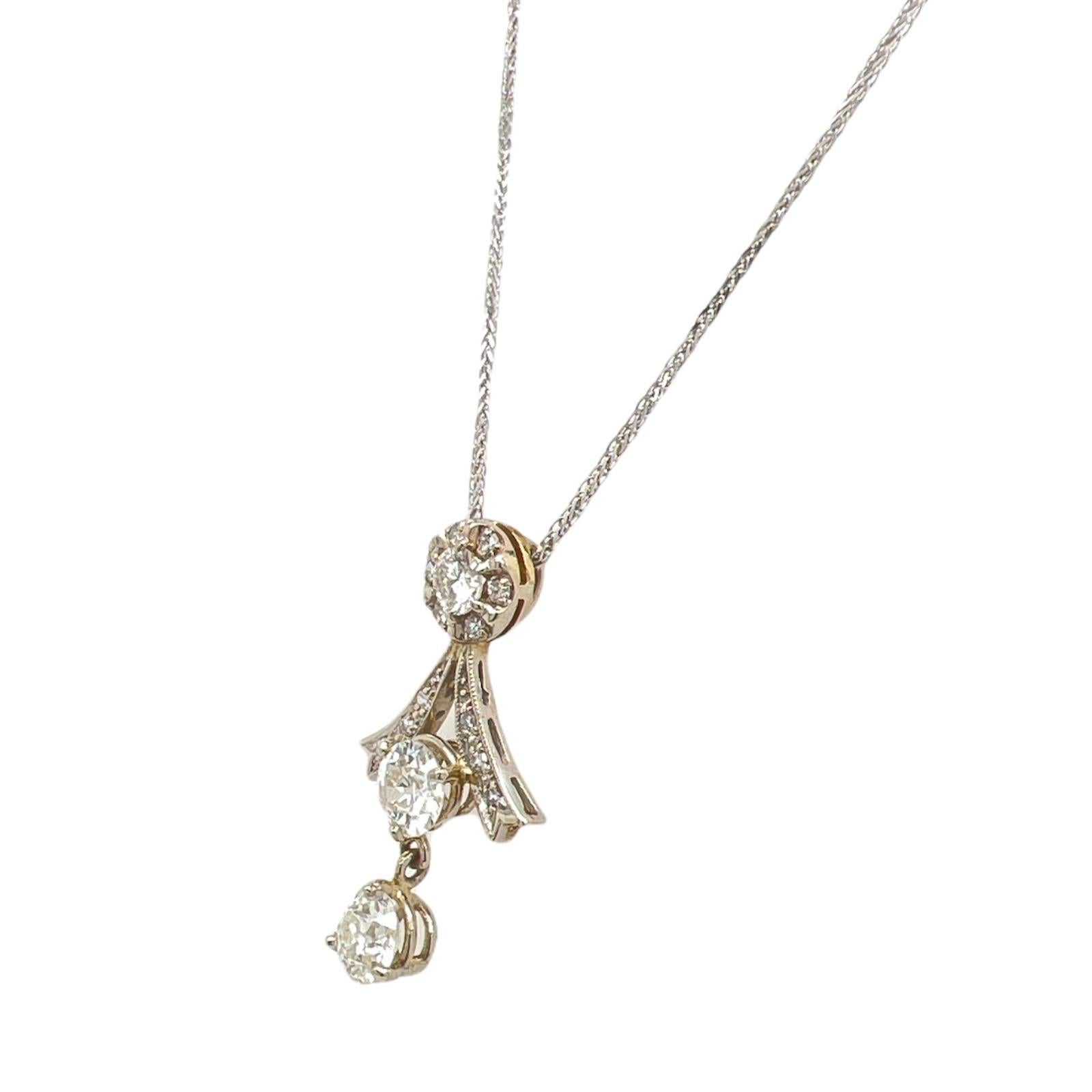 Women's Art Deco Old European Cut Diamond Drop Antique Pendant Necklace 14KWG