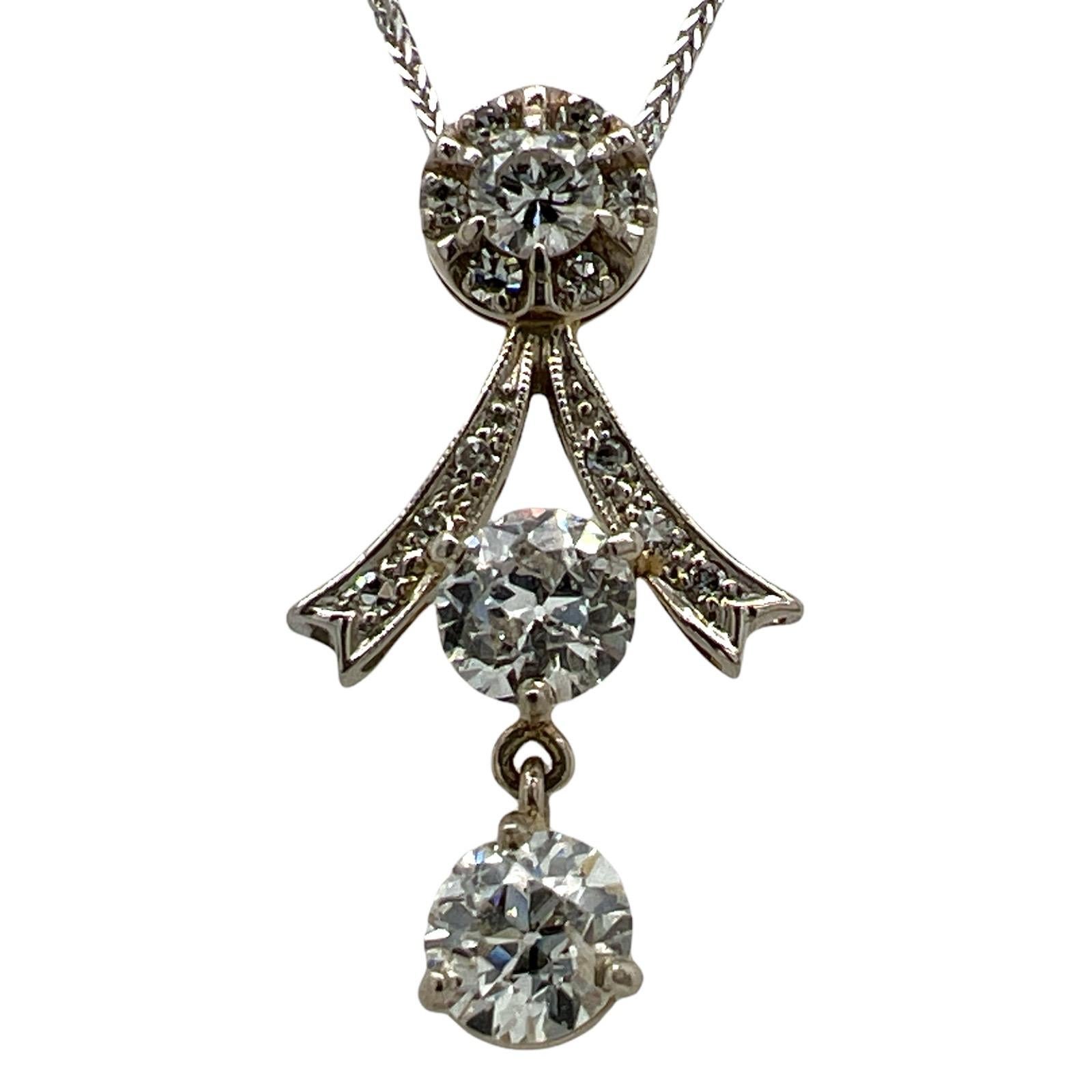 Art Deco Old European Cut Diamond Drop Antique Pendant Necklace 14KWG 1
