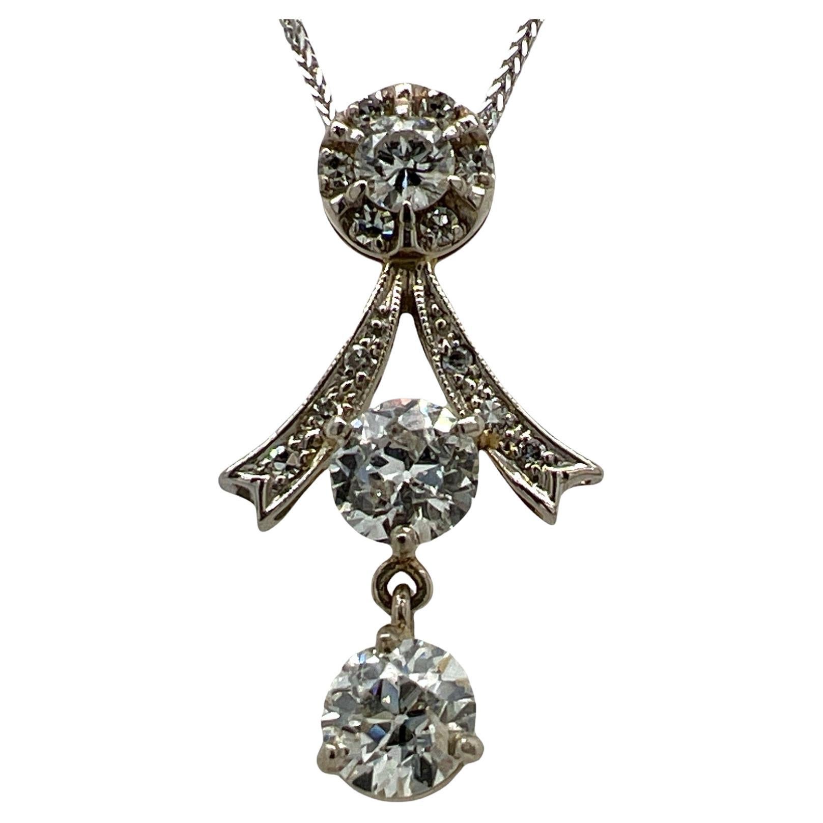 Art Deco Old European Cut Diamond Drop Antique Pendant Necklace 14KWG