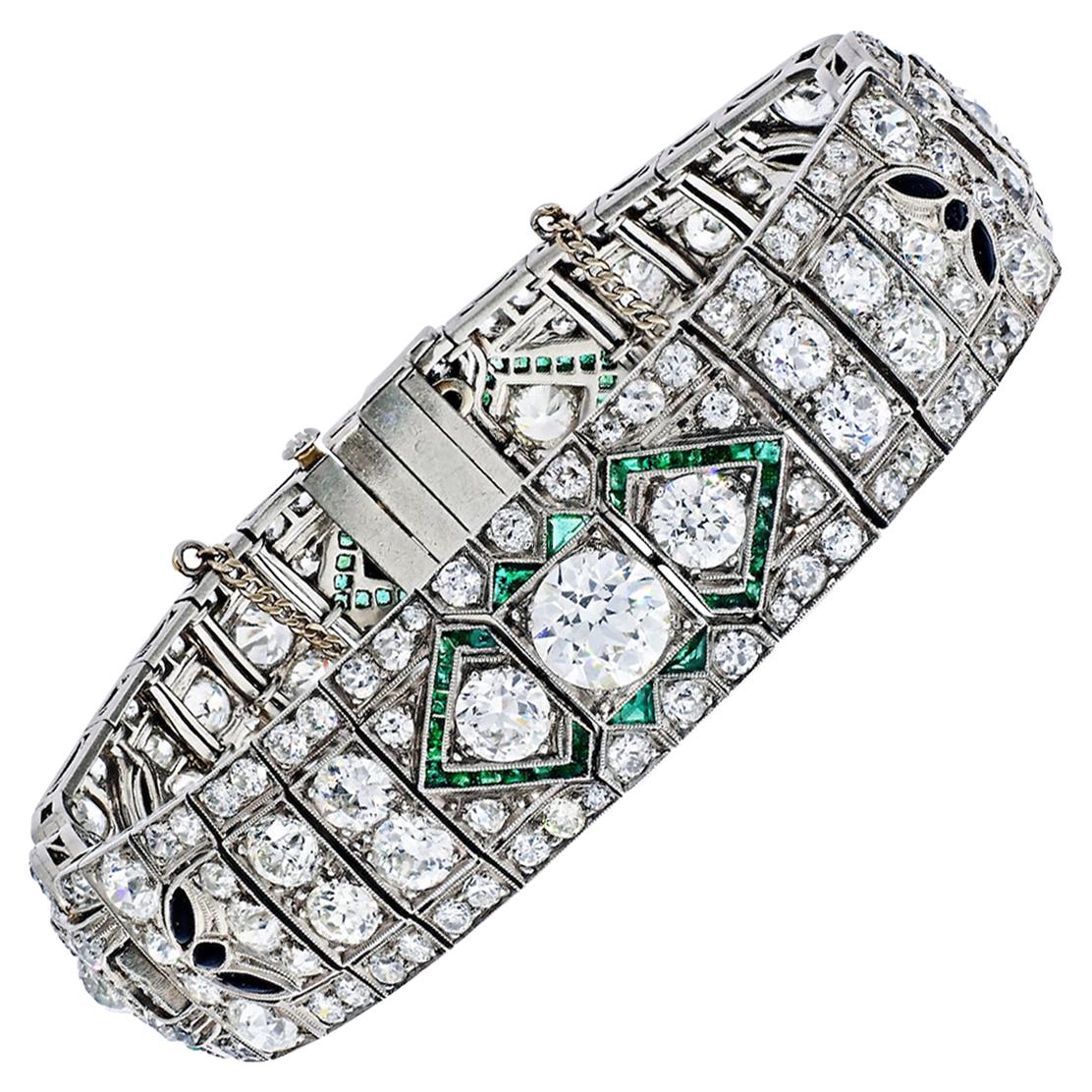 Art Deco Old-European Cut Diamond, Emerald and Onyx Platinum Art Deco Bracelet