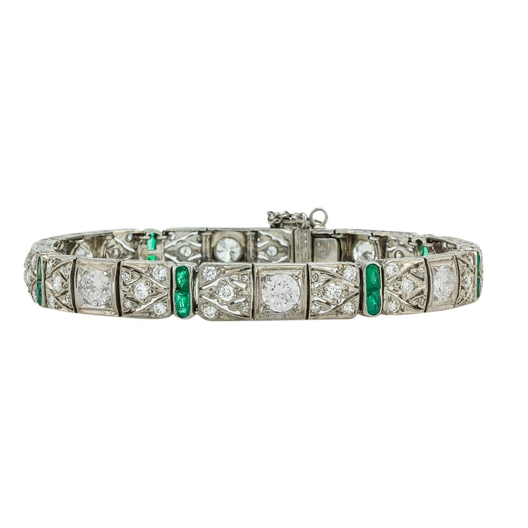 Art Deco Old European Cut Diamond Emerald Platinum Bracelet In Good Condition In Los Angeles, CA