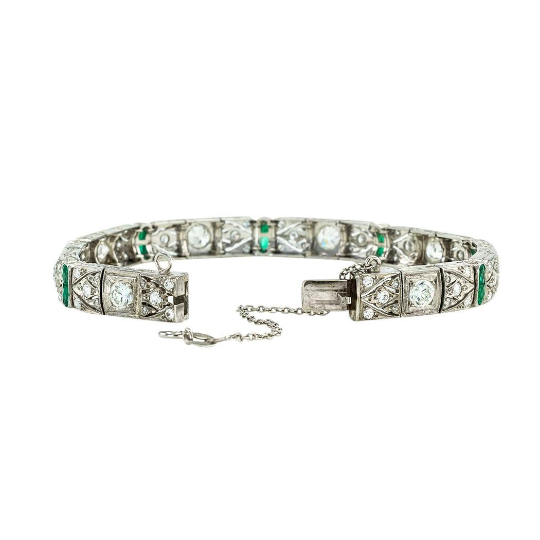 Women's Art Deco Old European Cut Diamond Emerald Platinum Bracelet