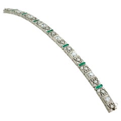 Art Deco Old European Cut Diamond Emerald Platinum Bracelet