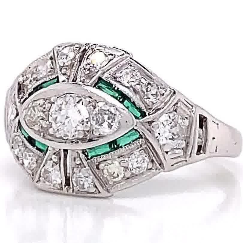 Women's Art Deco Old European Cut Diamond Emerald Platinum Ring