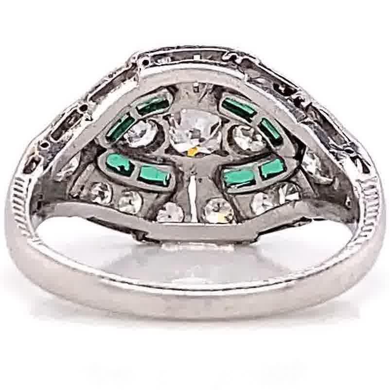 Art Deco Old European Cut Diamond Emerald Platinum Ring 1