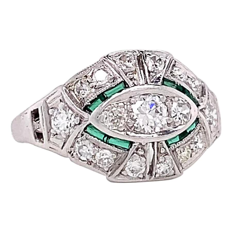 Art Deco Old European Cut Diamond Emerald Platinum Ring