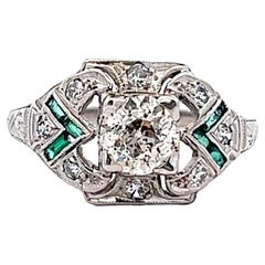 Art Deco Old European Cut Diamond Emerald Platinum Ring