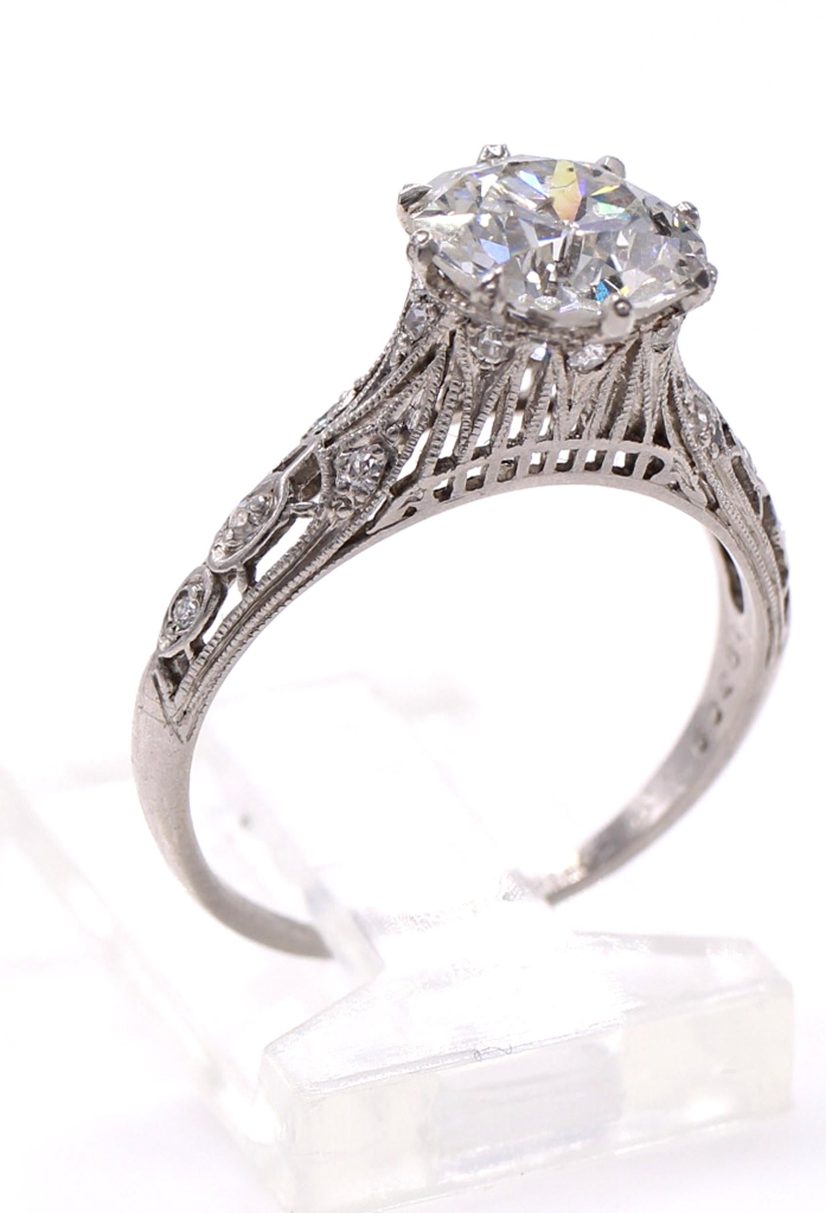 Art Deco Old European Cut Diamond Engagement Ring In Excellent Condition For Sale In New York, NY