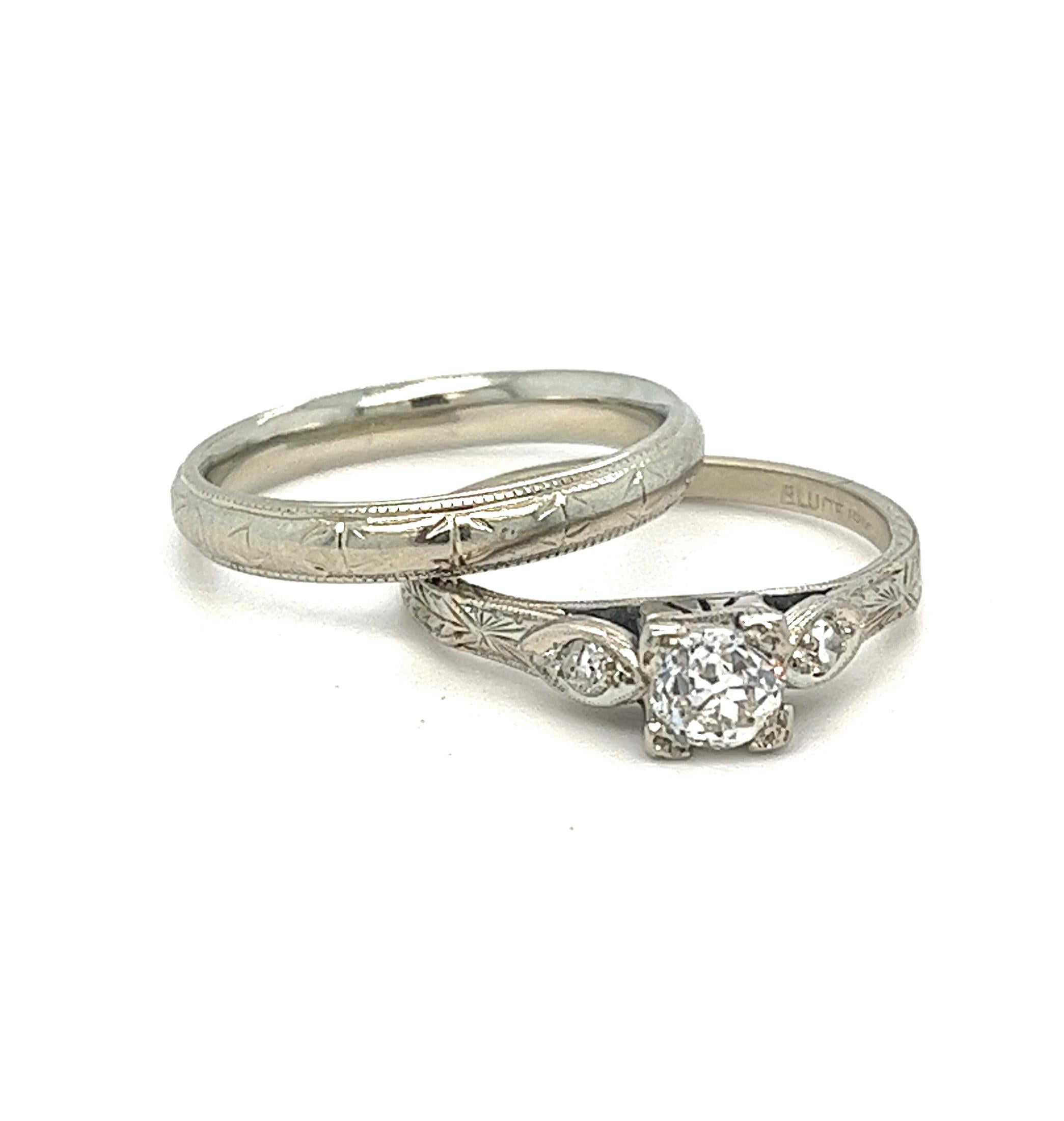 Art Deco Old European Cut Diamond Engagement Ring Set, 18kt. For Sale 7
