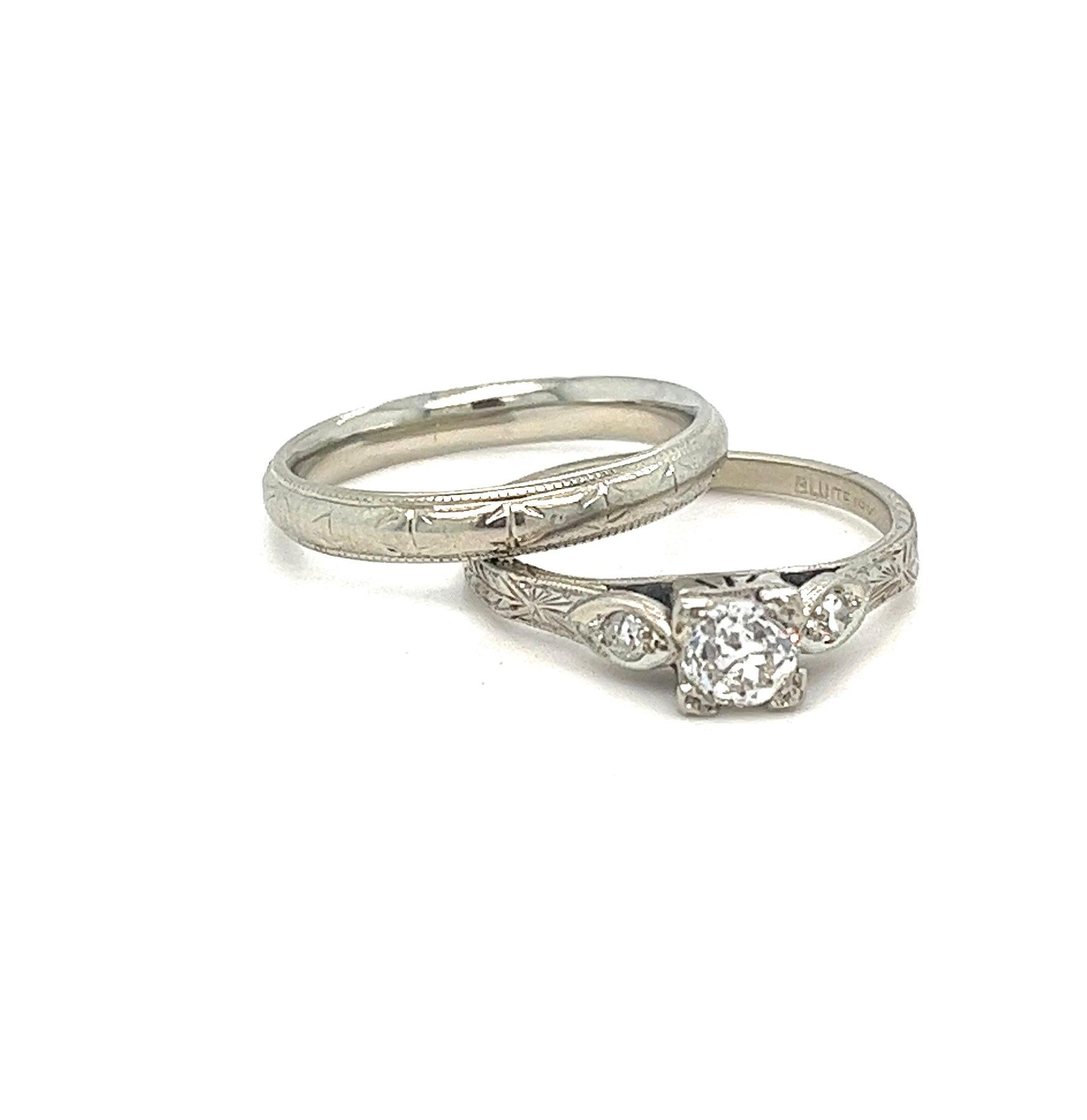 Women's or Men's Art Deco Old European Cut Diamond Engagement Ring Set, 18kt. For Sale