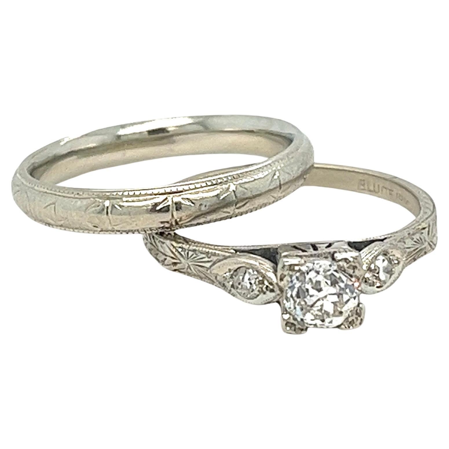 Art Deco Old European Cut Diamond Engagement Ring Set, 18kt. For Sale