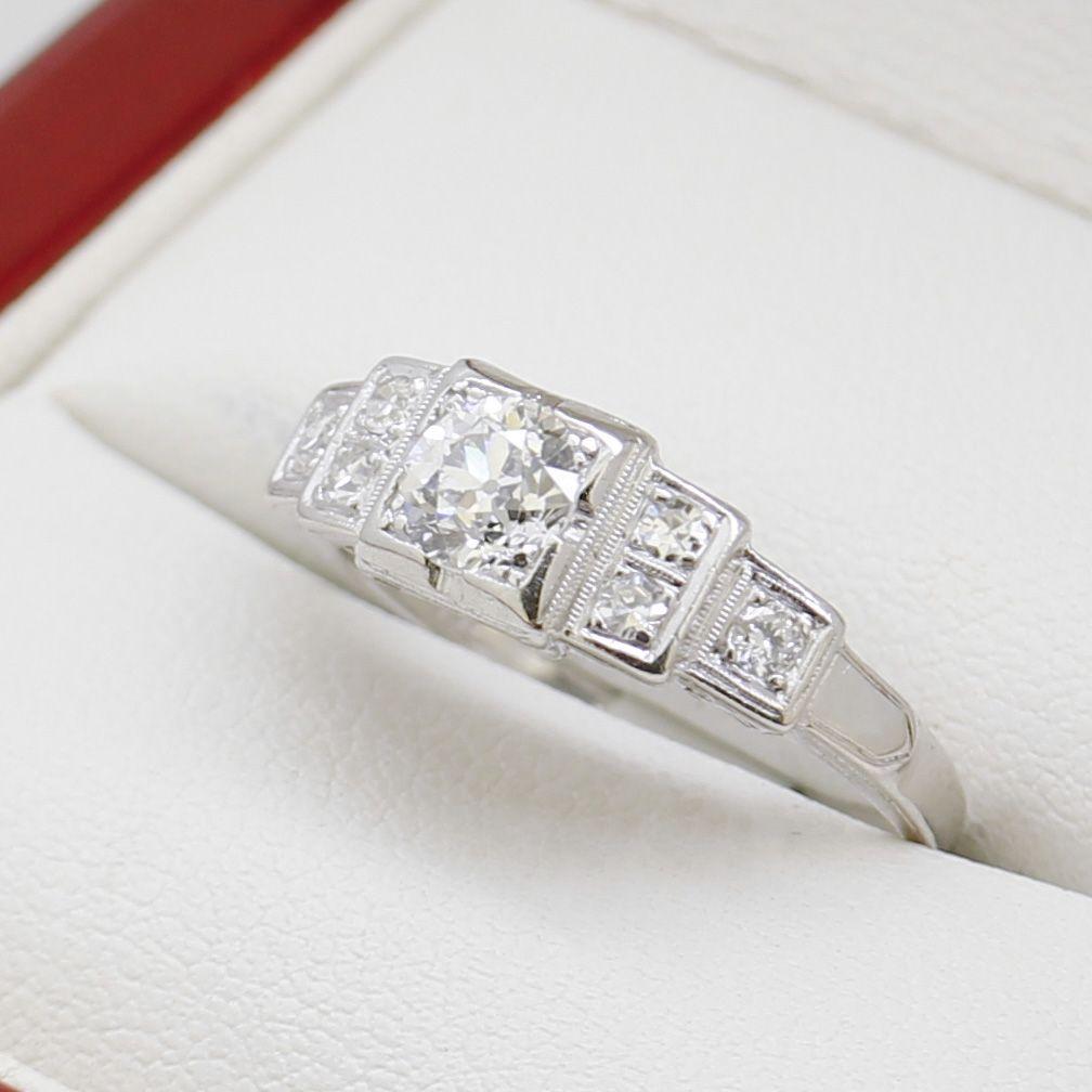 Art Deco Old European Cut Diamond Engagement Ring, Stunning Stepped Design In Good Condition In BALMAIN, NSW