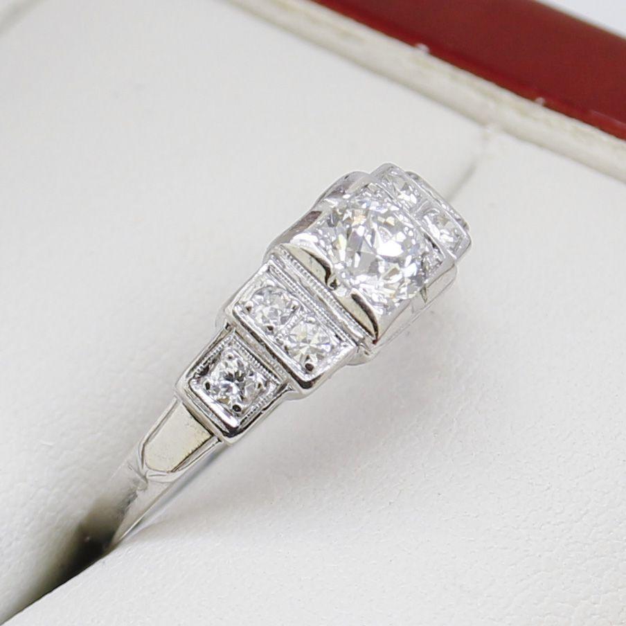 Women's Art Deco Old European Cut Diamond Engagement Ring, Stunning Stepped Design