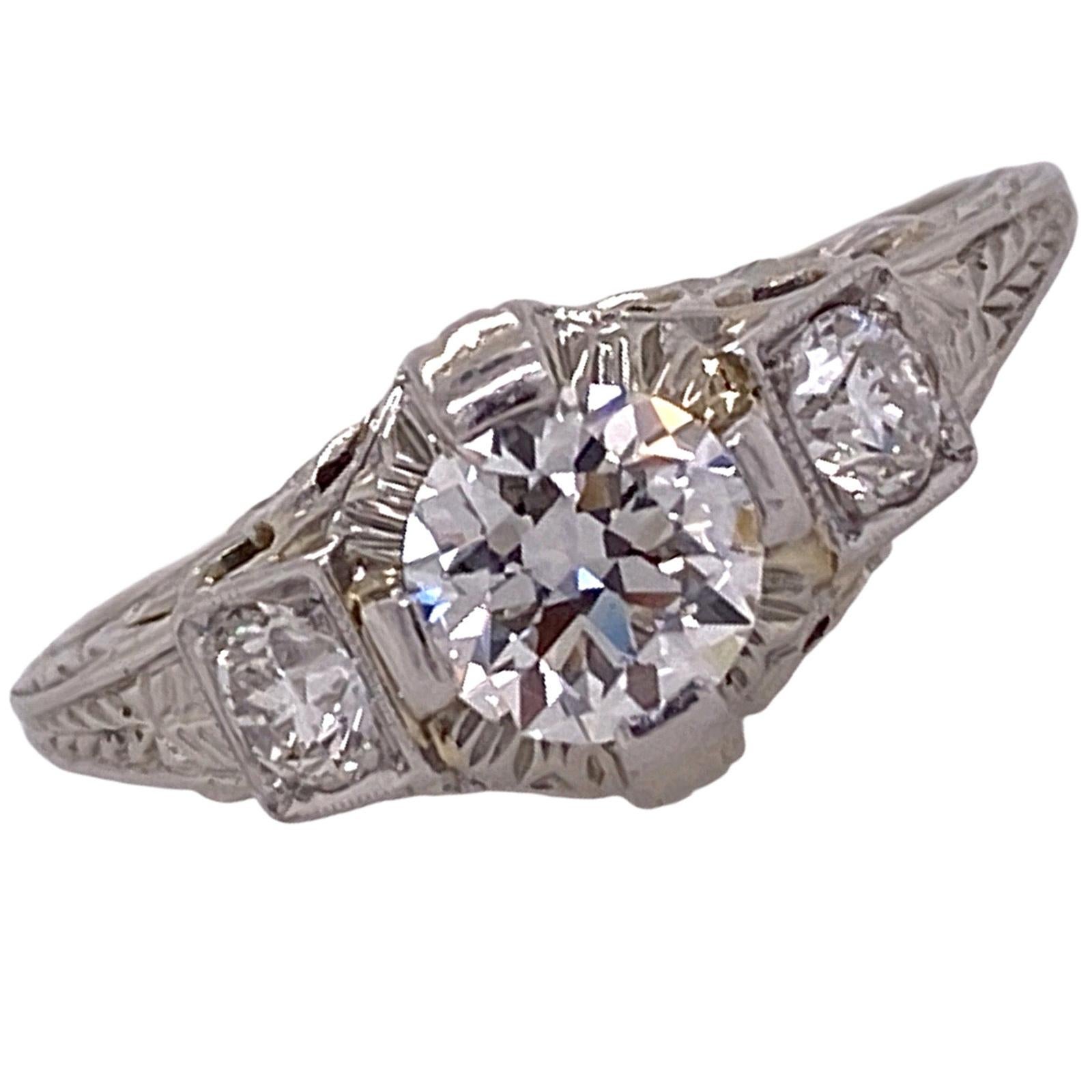 Art Deco Old European Cut Diamond Filigree Engagement Ring 18K White Gold GIA