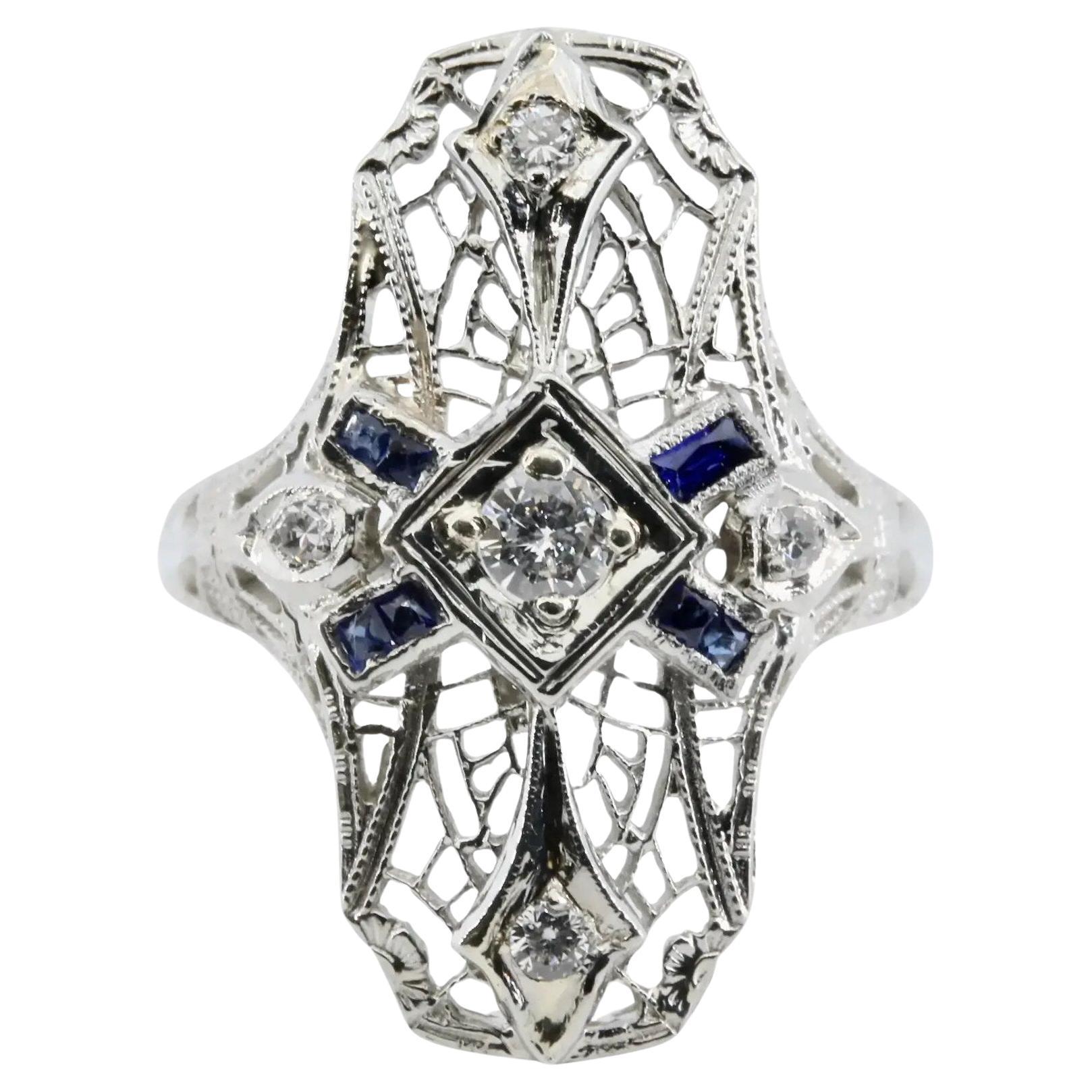 Art Deco Old European Cut Diamond & French Cut Sapphire Filigree Cocktail Ring  For Sale