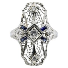 Antique Art Deco Old European Cut Diamond & French Cut Sapphire Filigree Cocktail Ring 