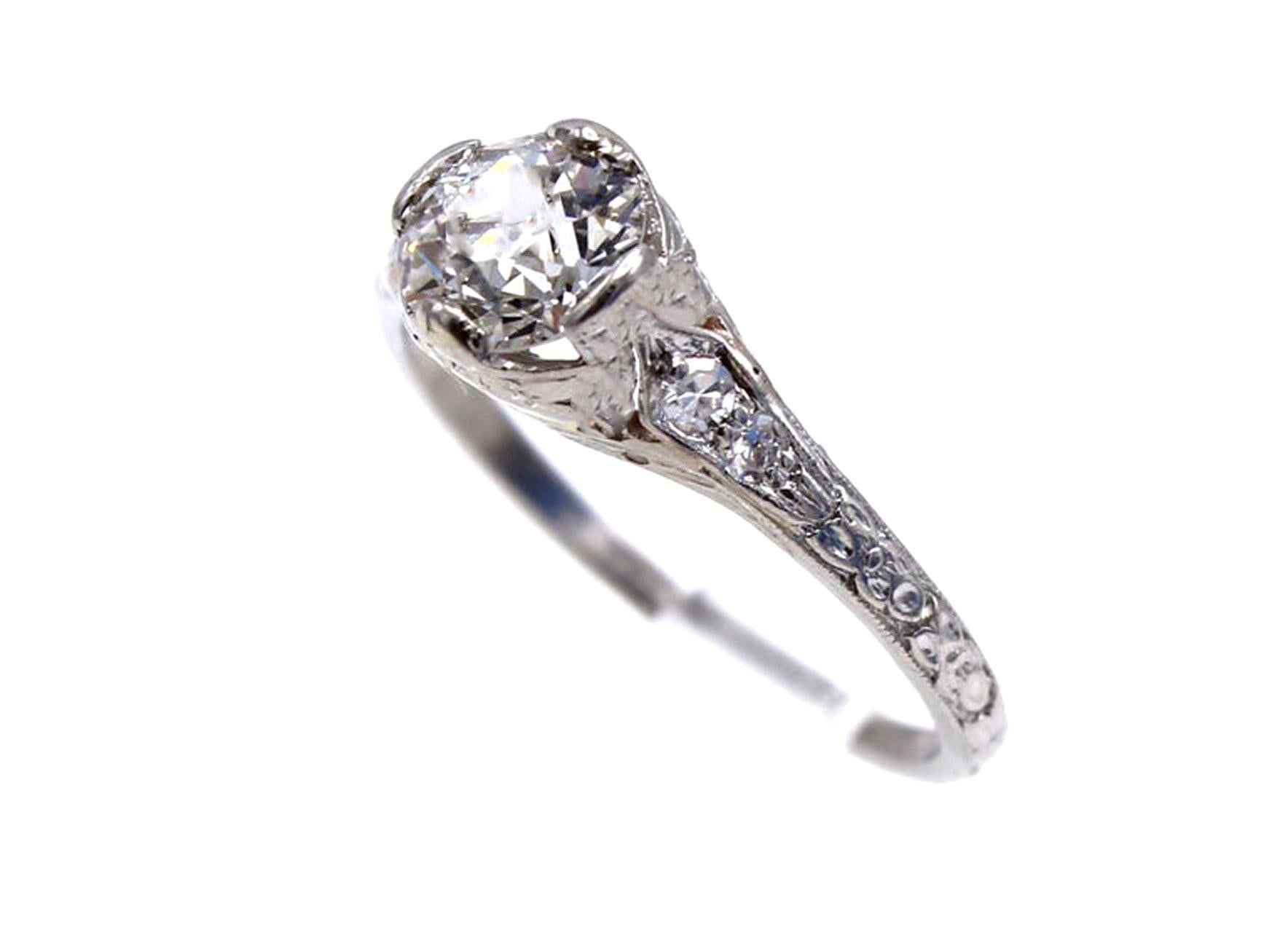 Art Deco Old European Cut Diamond Hand Engraved Platinum Engagement Ring In Excellent Condition For Sale In New York, NY