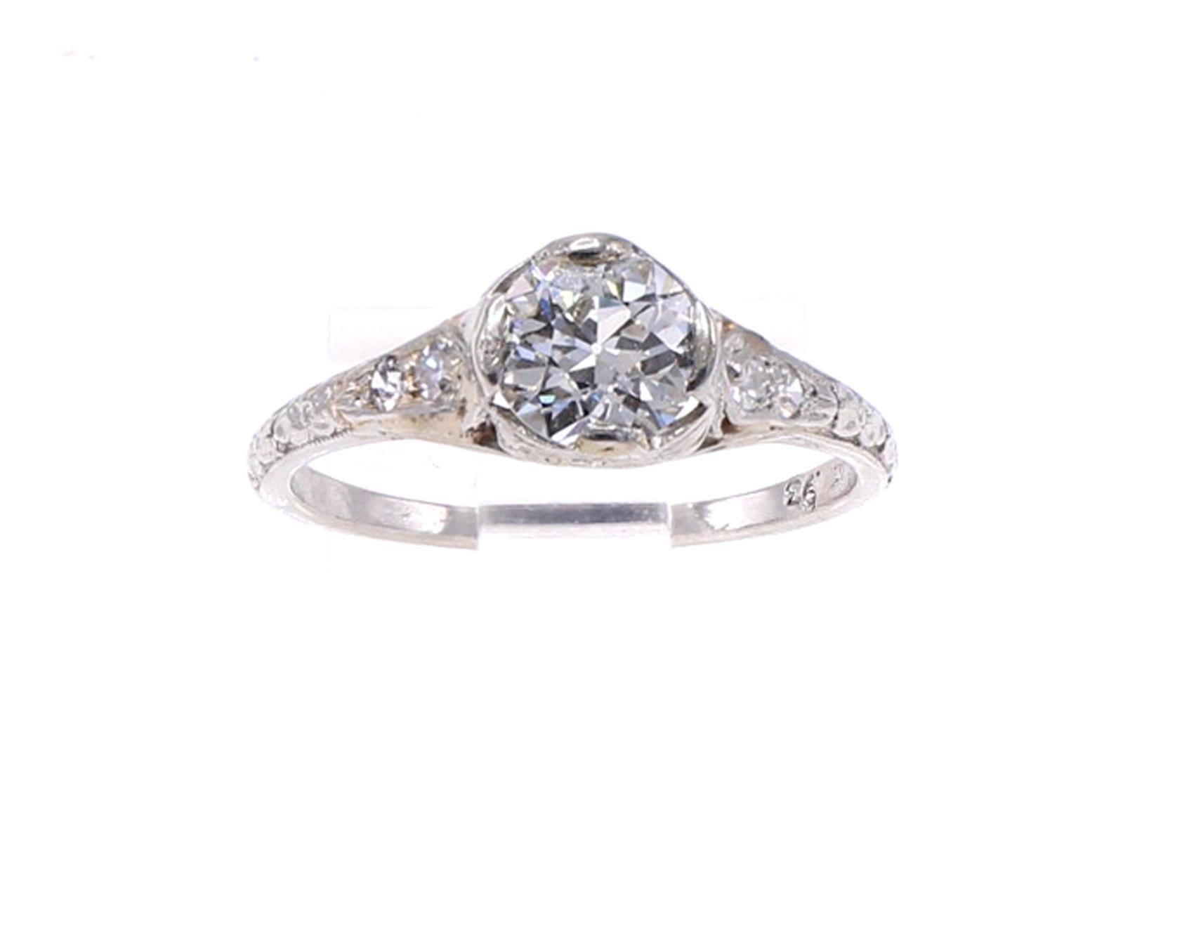 Women's or Men's Art Deco Old European Cut Diamond Hand Engraved Platinum Engagement Ring For Sale