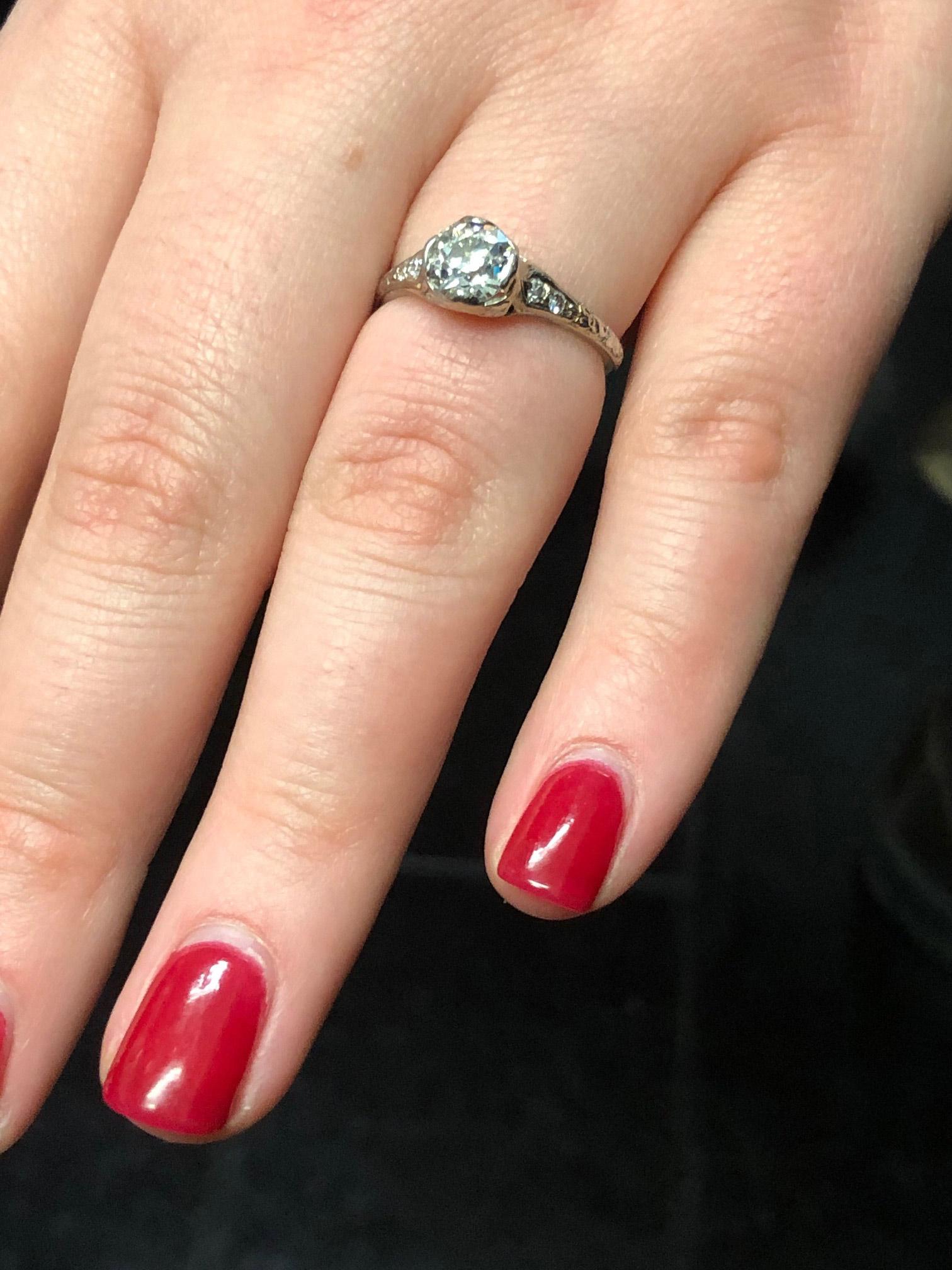 Art Deco Old European Cut Diamond Hand Engraved Platinum Engagement Ring For Sale 1