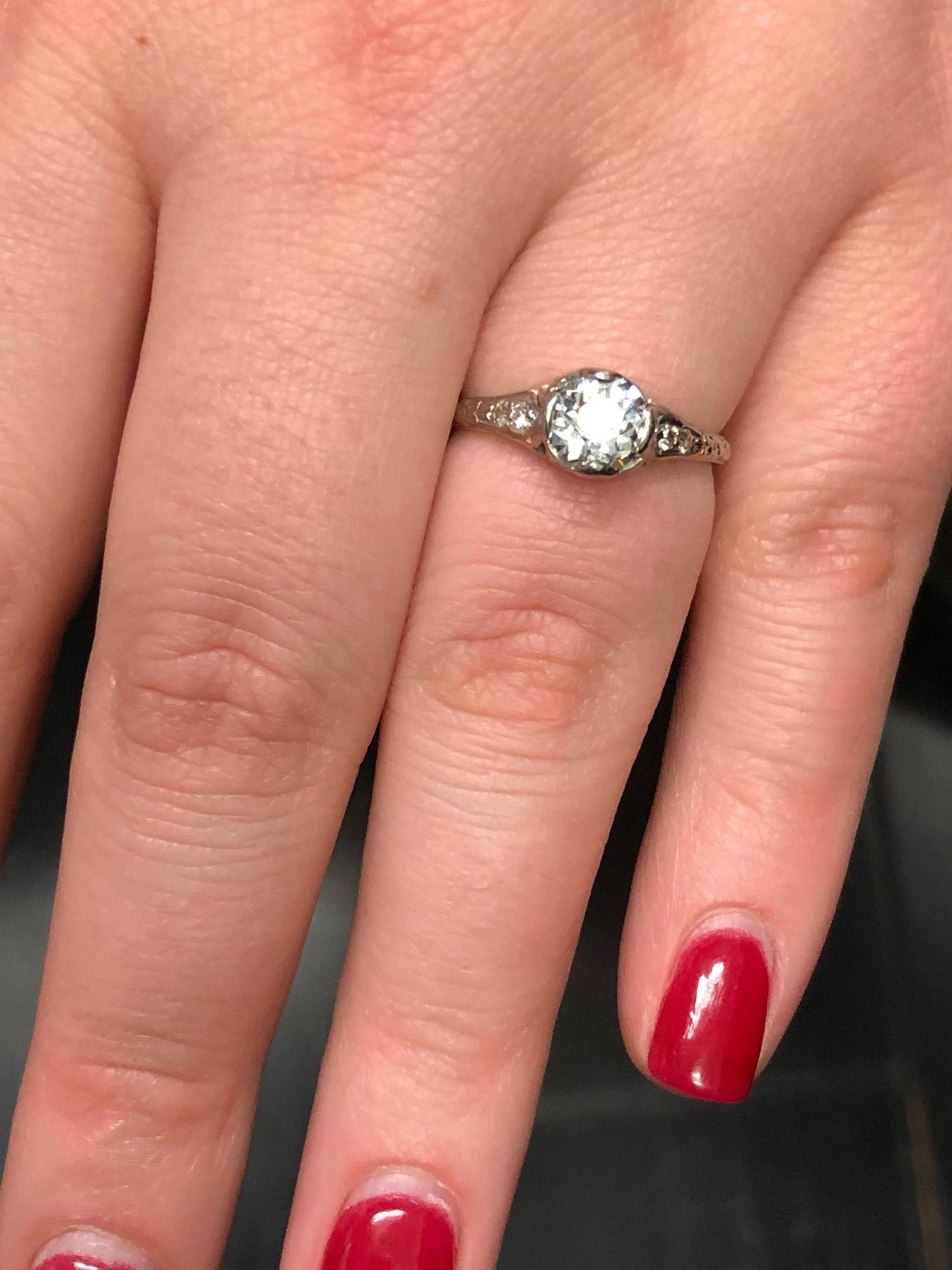 Art Deco Old European Cut Diamond Hand Engraved Platinum Engagement Ring For Sale 2