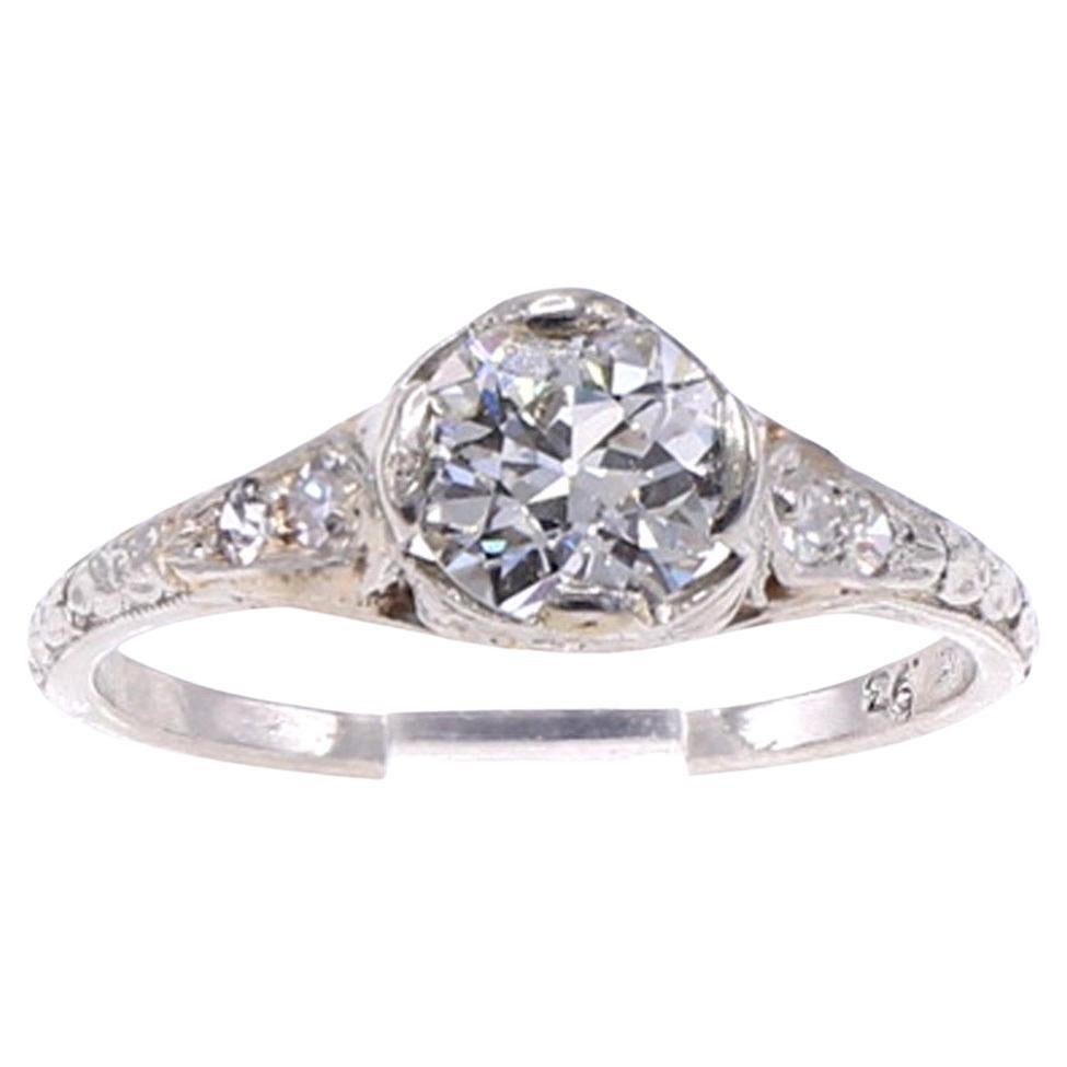 Art Deco Old European Cut Diamond Hand Engraved Platinum Engagement Ring For Sale